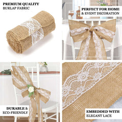 Natural Burlap Chair Sash 5"x108" with Lace Hessian Jute - Rustic Bow Design for Weddings & Gatherings