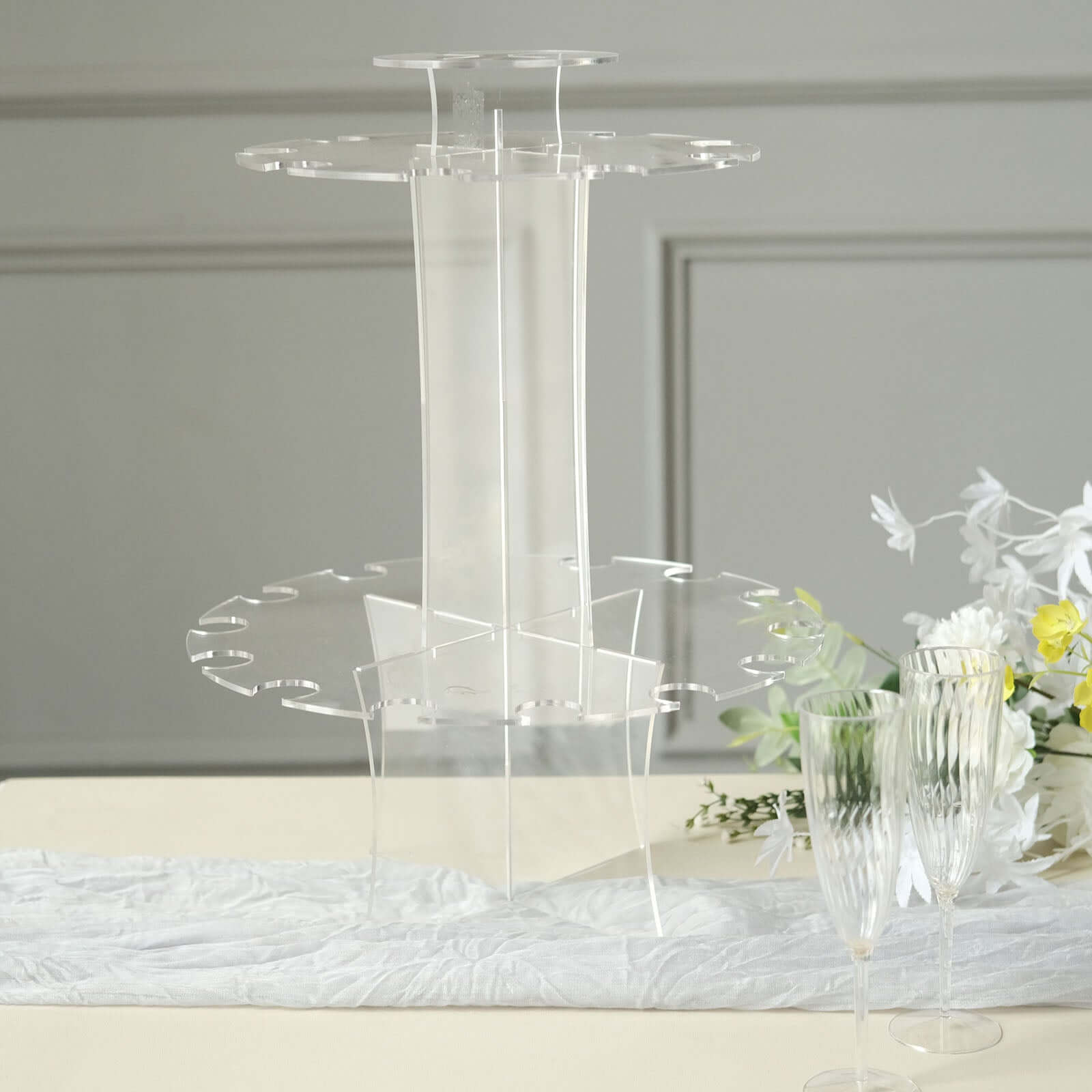 3-Tier Round Champagne Glass Holder Tower Clear Acrylic + 1 Bottle for Professional & Home Use 21"