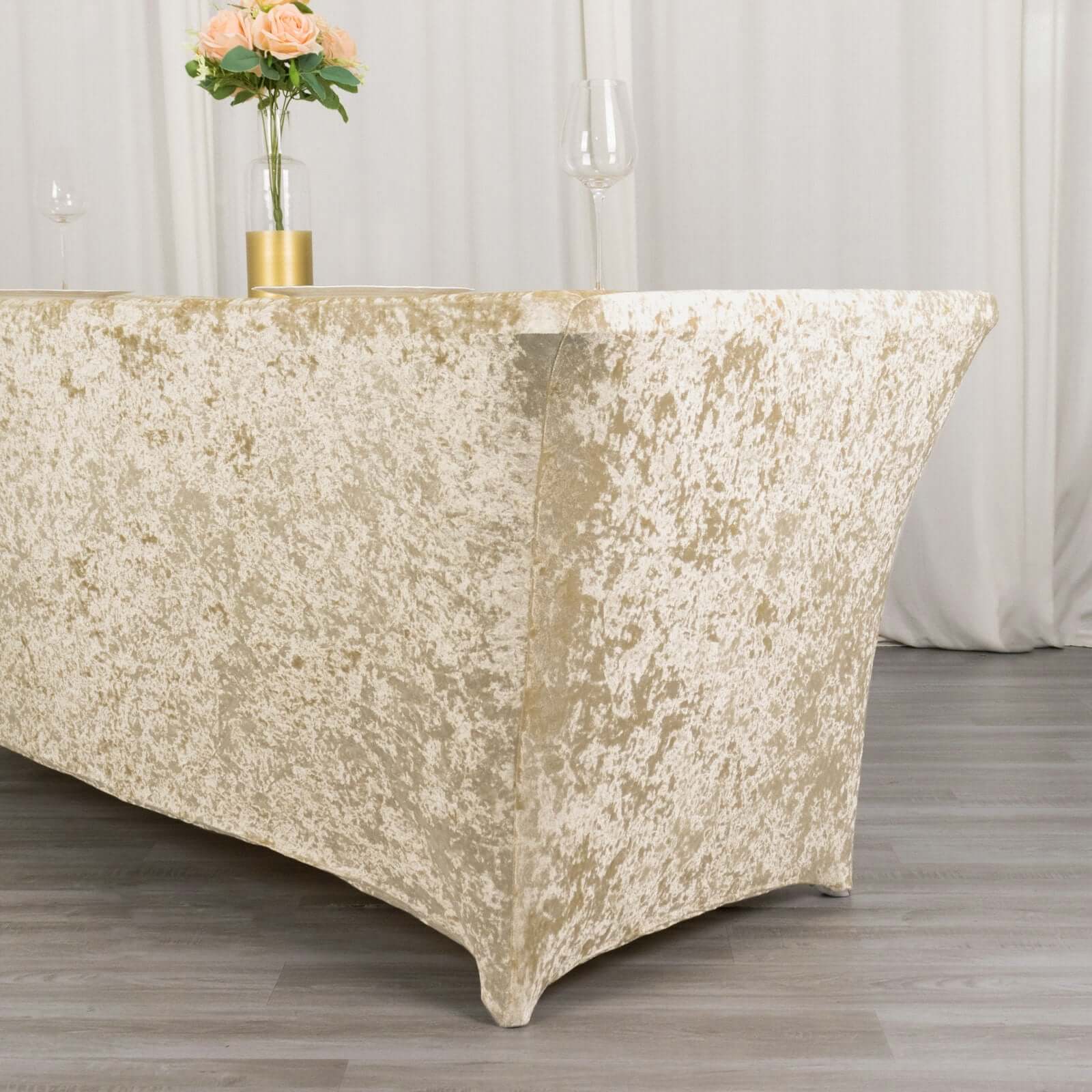 Crushed Velvet Fitted Rectangular 6ft Table Cover Beige - Wrinkle-Free Stretchy Tablecloth