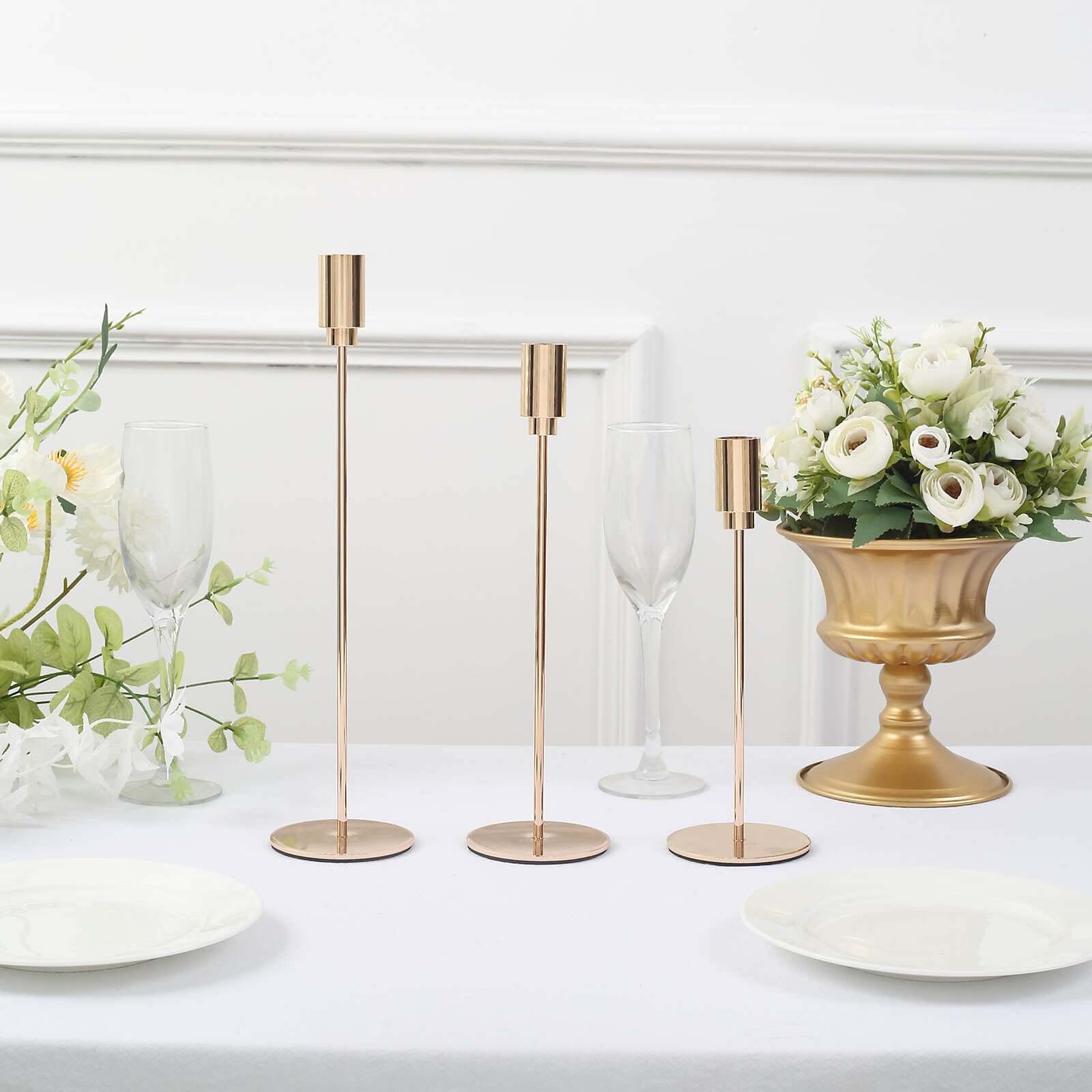 Set of 3 Taper Candle Stands Gold Metal Decorative Round Base Design - Wedding Table Accents 9", 10", 13"