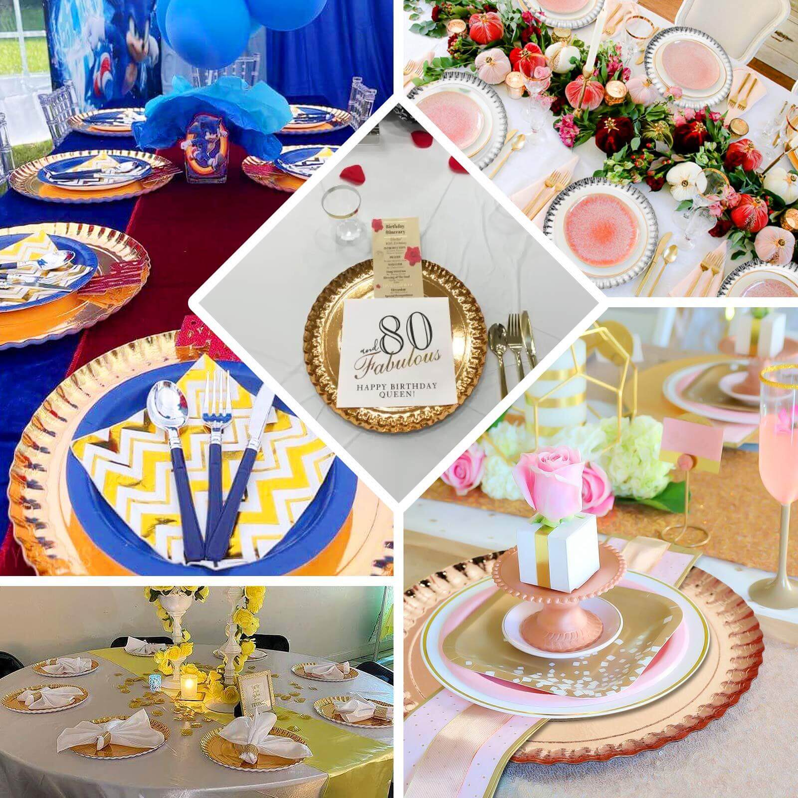 10-Pack Paper 13" Round Charger Plates in Rose Gold with Scalloped Rims - Heavy Duty Disposable 1100GSM Serving Trays