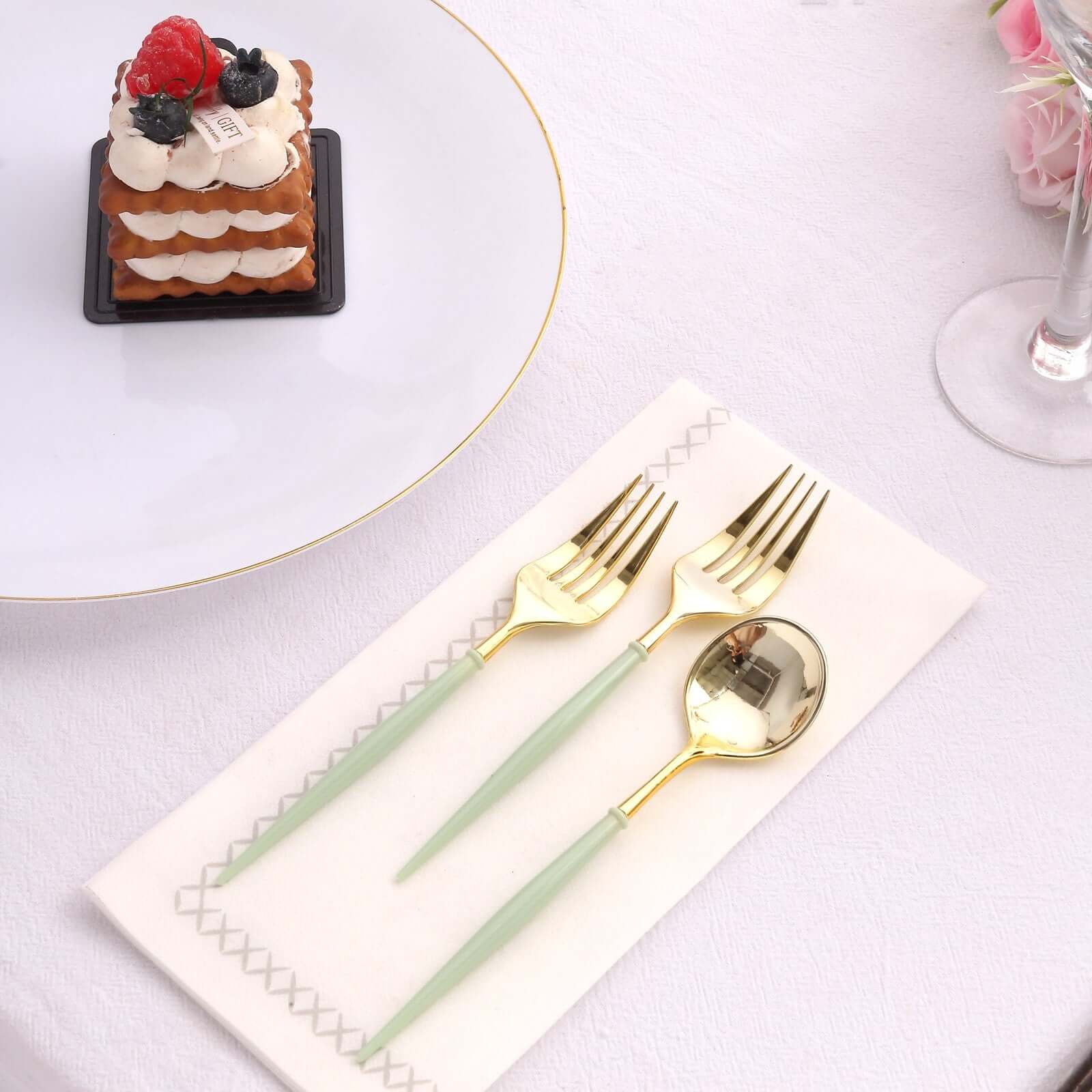 24-Pack Plastic Fork and Spoon Set Metallic Gold/Sage Green - Heavy Duty Disposable Modern Utensils 6"