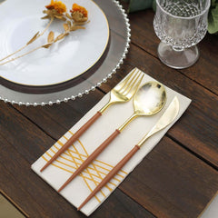 24-Pack Plastic Flatware Set in Metallic Gold with Brown Handle - Heavy Duty Disposable Modern Silverware 8"