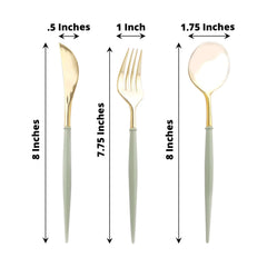 24-Pack Plastic Flatware Set in Metallic Gold with Sage Green Handle - Heavy Duty Disposable Modern Silverware 8"