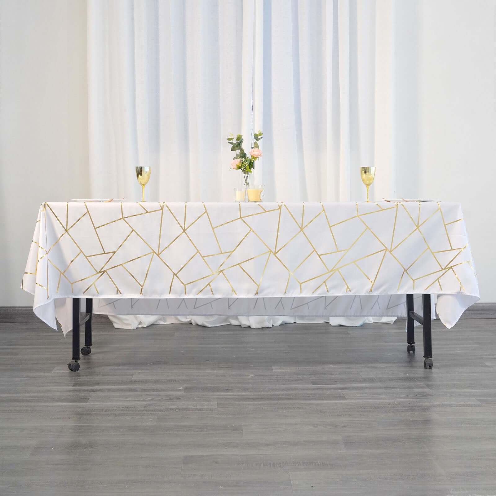 Polyester 60"x102" Rectangle Tablecloth White with Gold Foil Geometric Pattern - Wrinkle-Resistant and Durable Table Cover for Weddings & Events