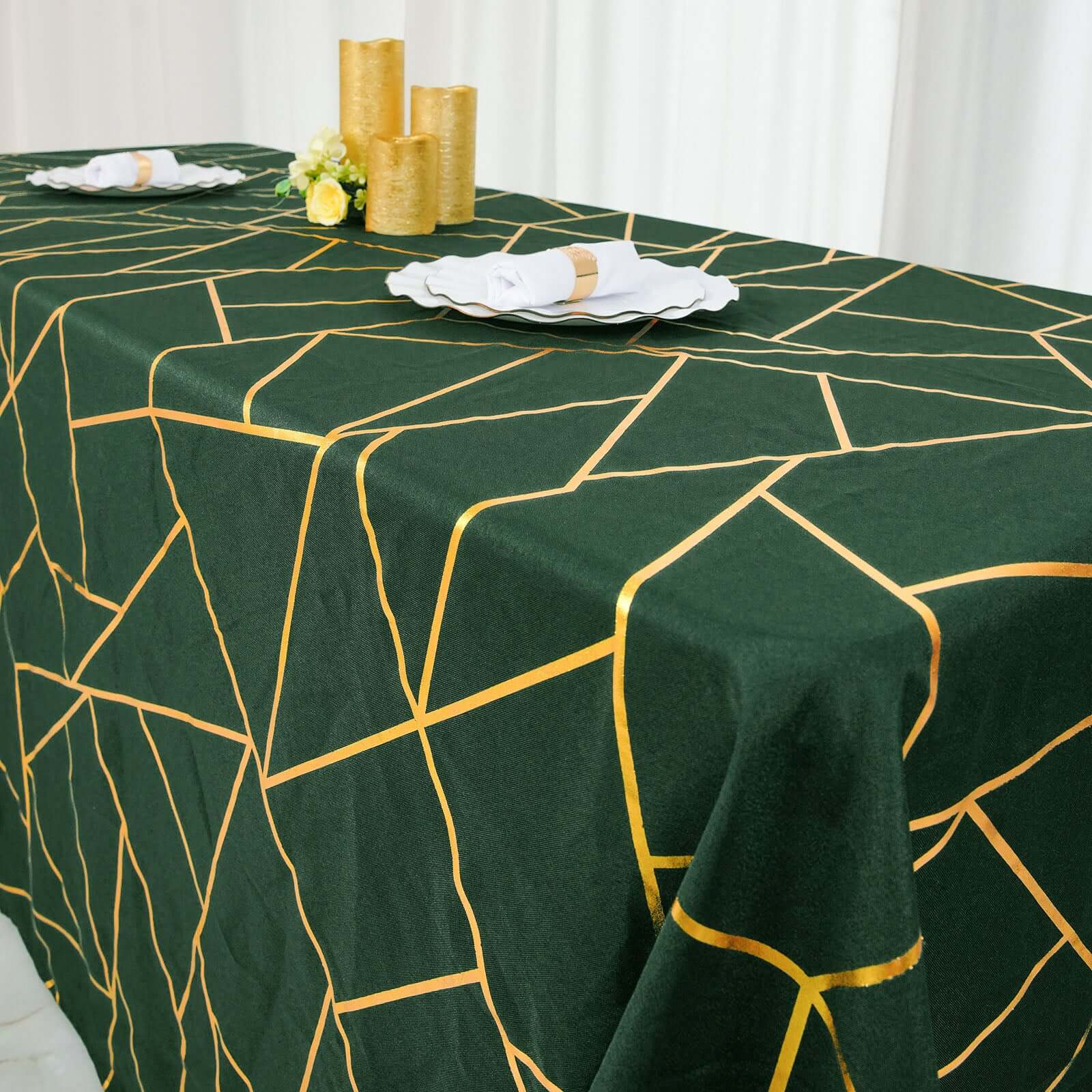 Polyester 90"x156" Rectangle Tablecloth Hunter Emerald Green Seamless with Gold Foil Geometric Pattern - Wrinkle-Resistant Seamless Table Cover for Sophisticated Events