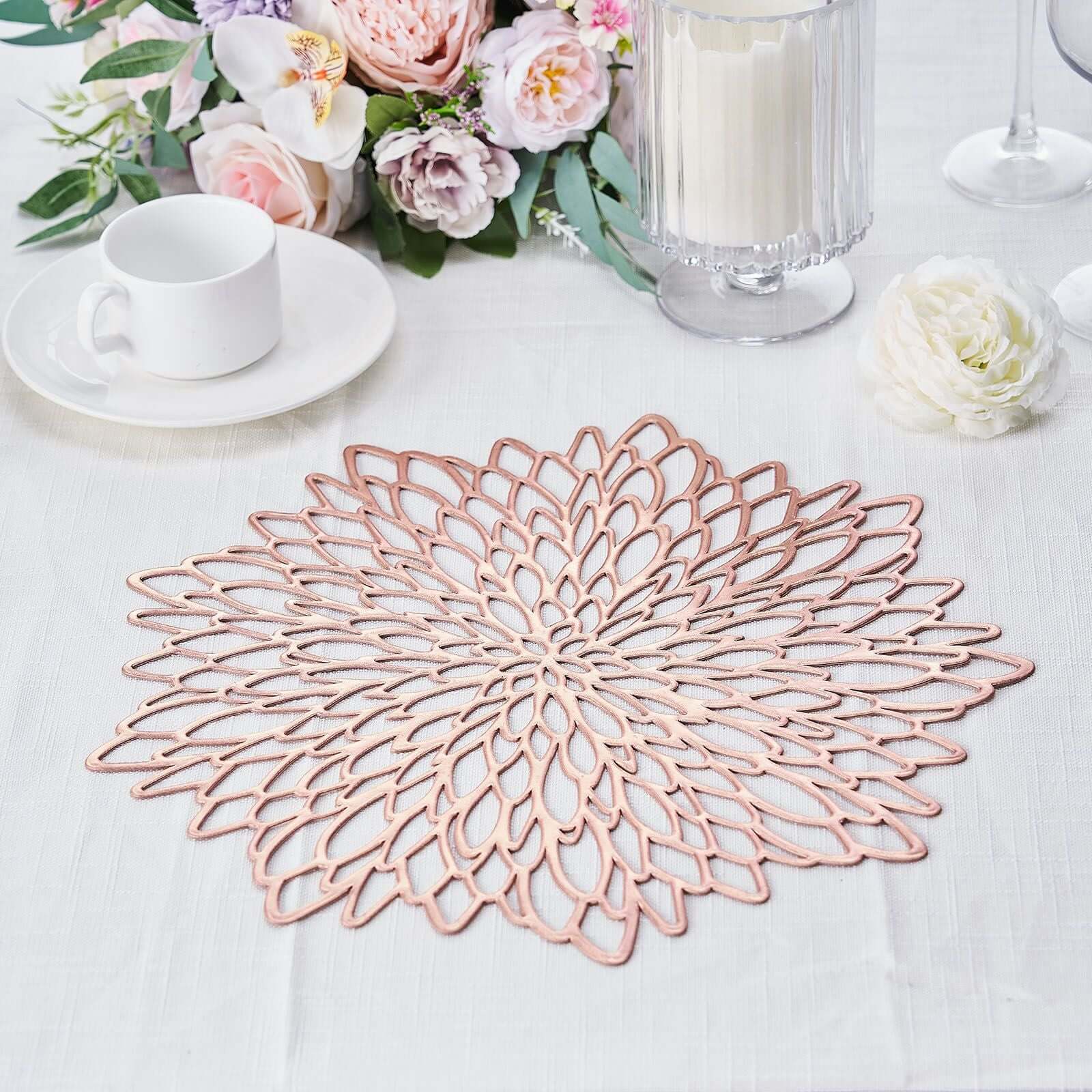 6-Pack Dining Table Mats Floral Design Rose Gold - Metallic Vinyl Round Non-Slip Mats for Tables 15"