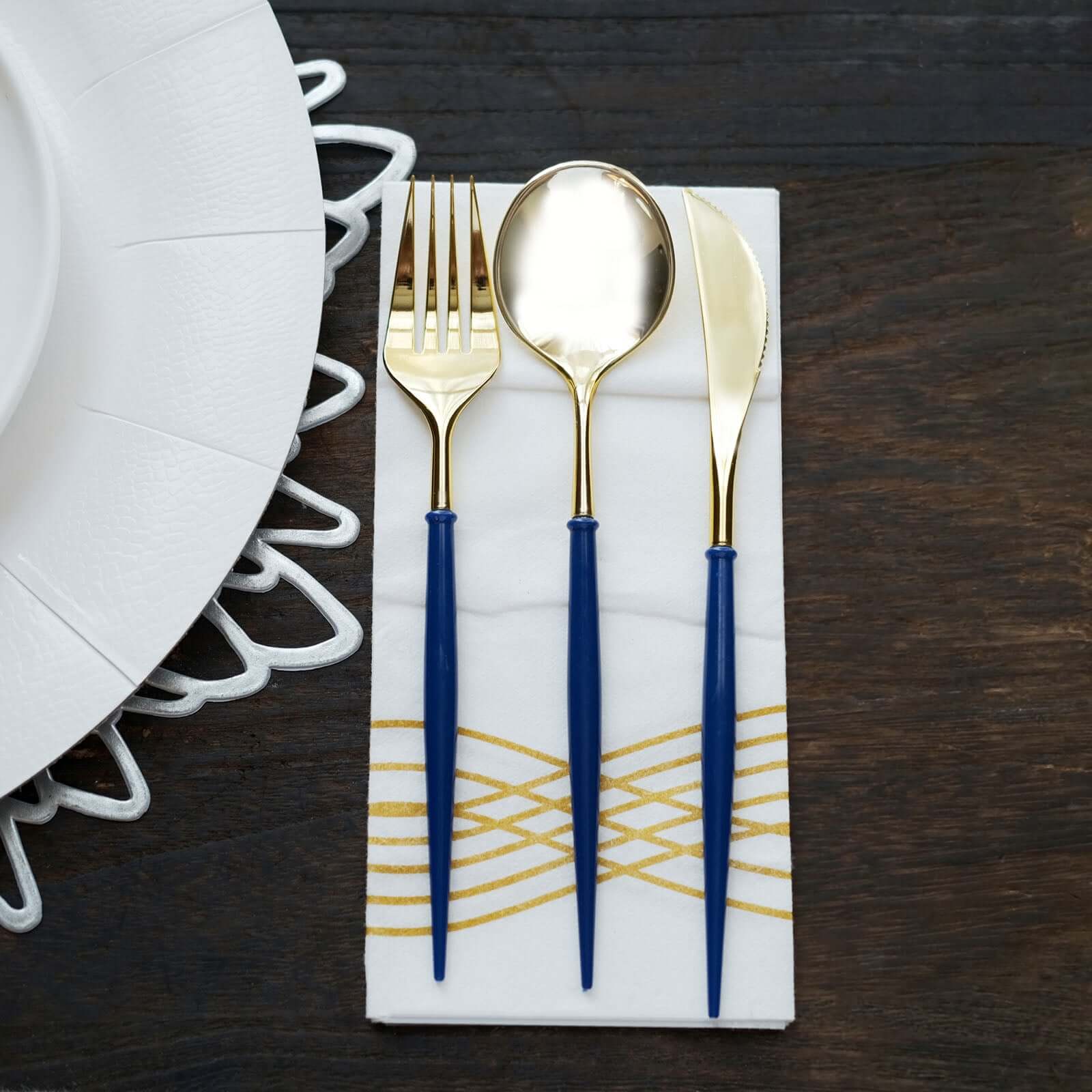 24-Pack Plastic Flatware Set in Metallic Gold with Royal Blue Handle - Heavy Duty Disposable Modern Silverware 8"