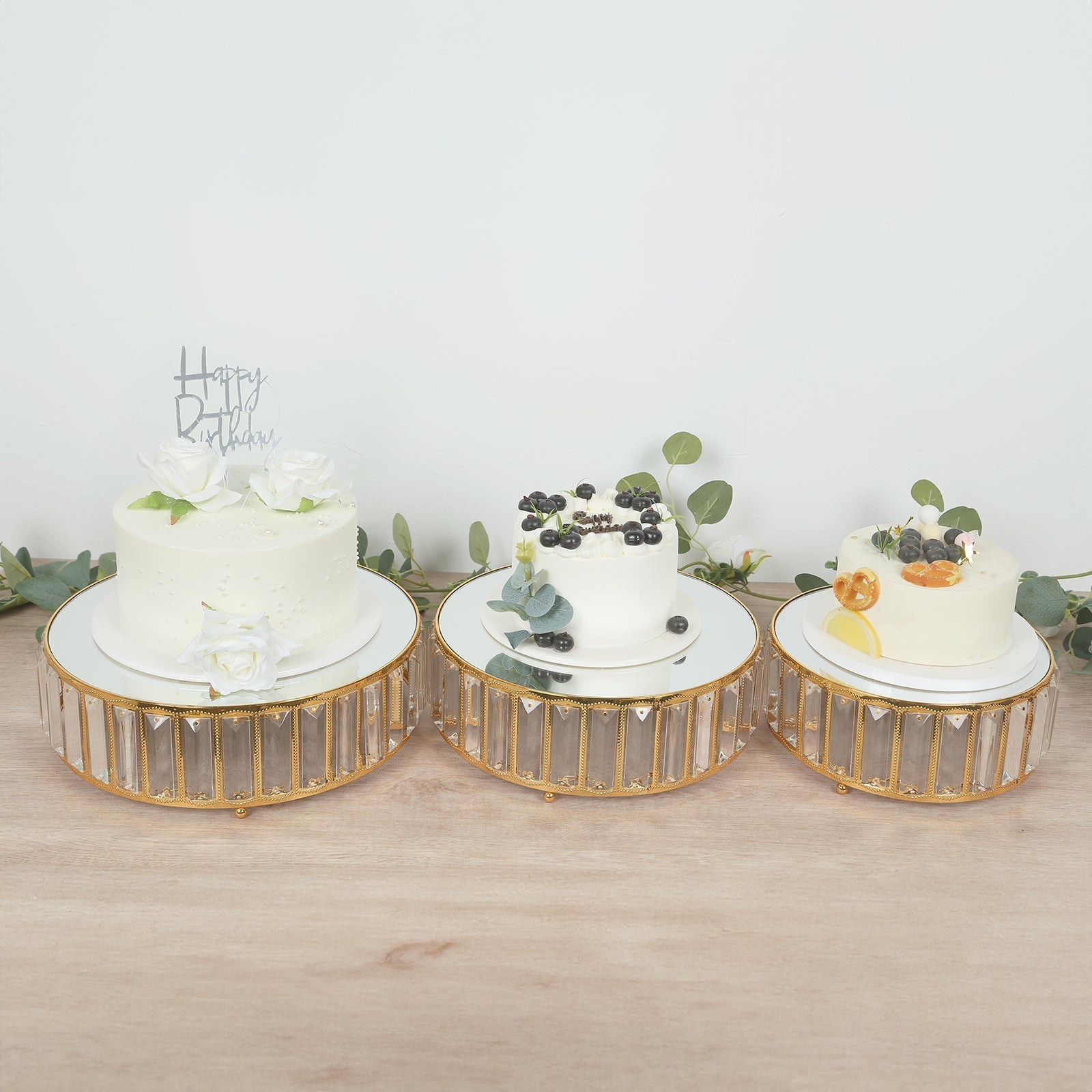 Set of 3 Gold Metal Crystal Pendant Cake Stands with Mirror Top, Stackable Round Dessert Display Trays - 9",11",12"