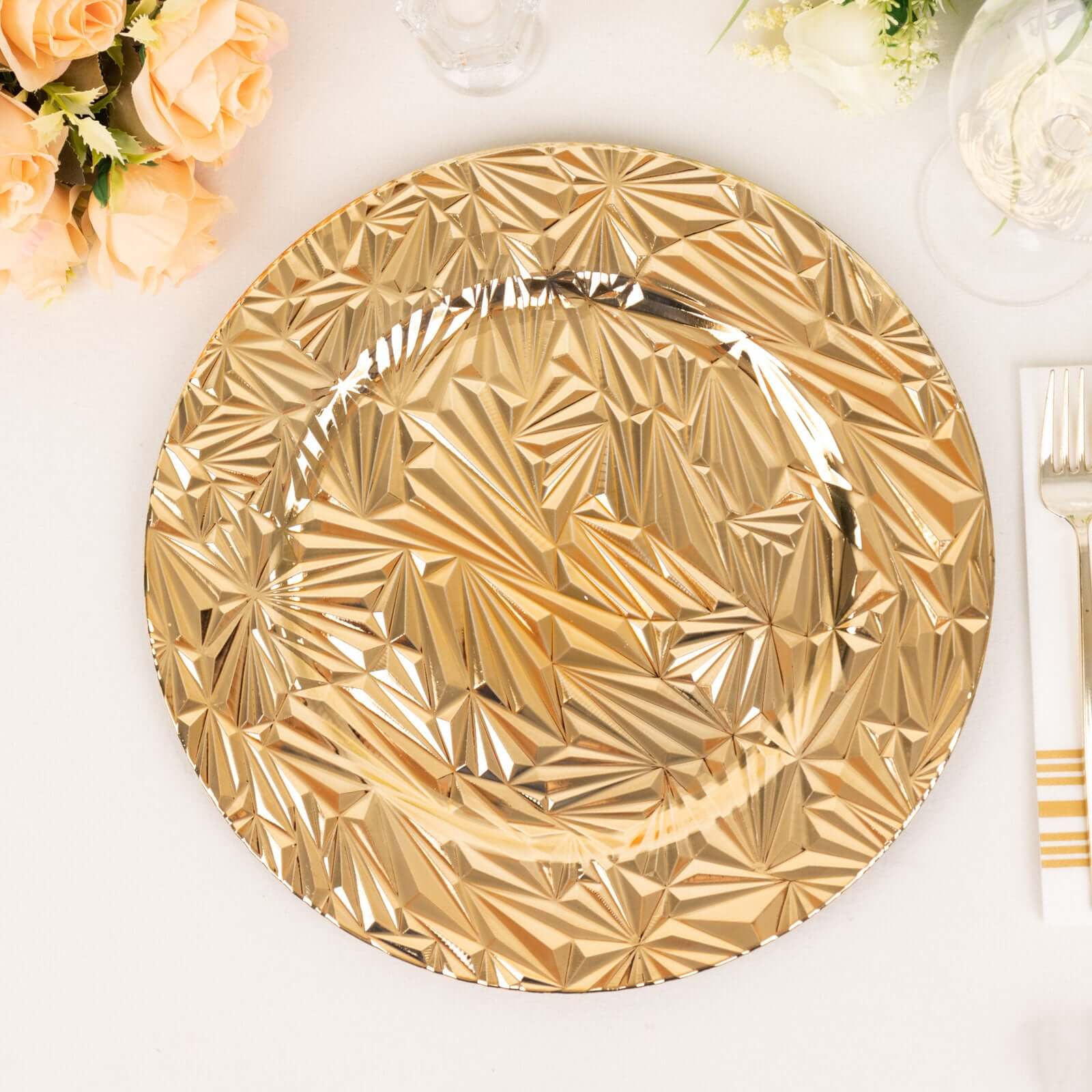 6-Pack Acrylic Round Charger Plates 13" in Metallic Gold with Rock Cut Design, Durable Plastic Dinner Charger Tableware