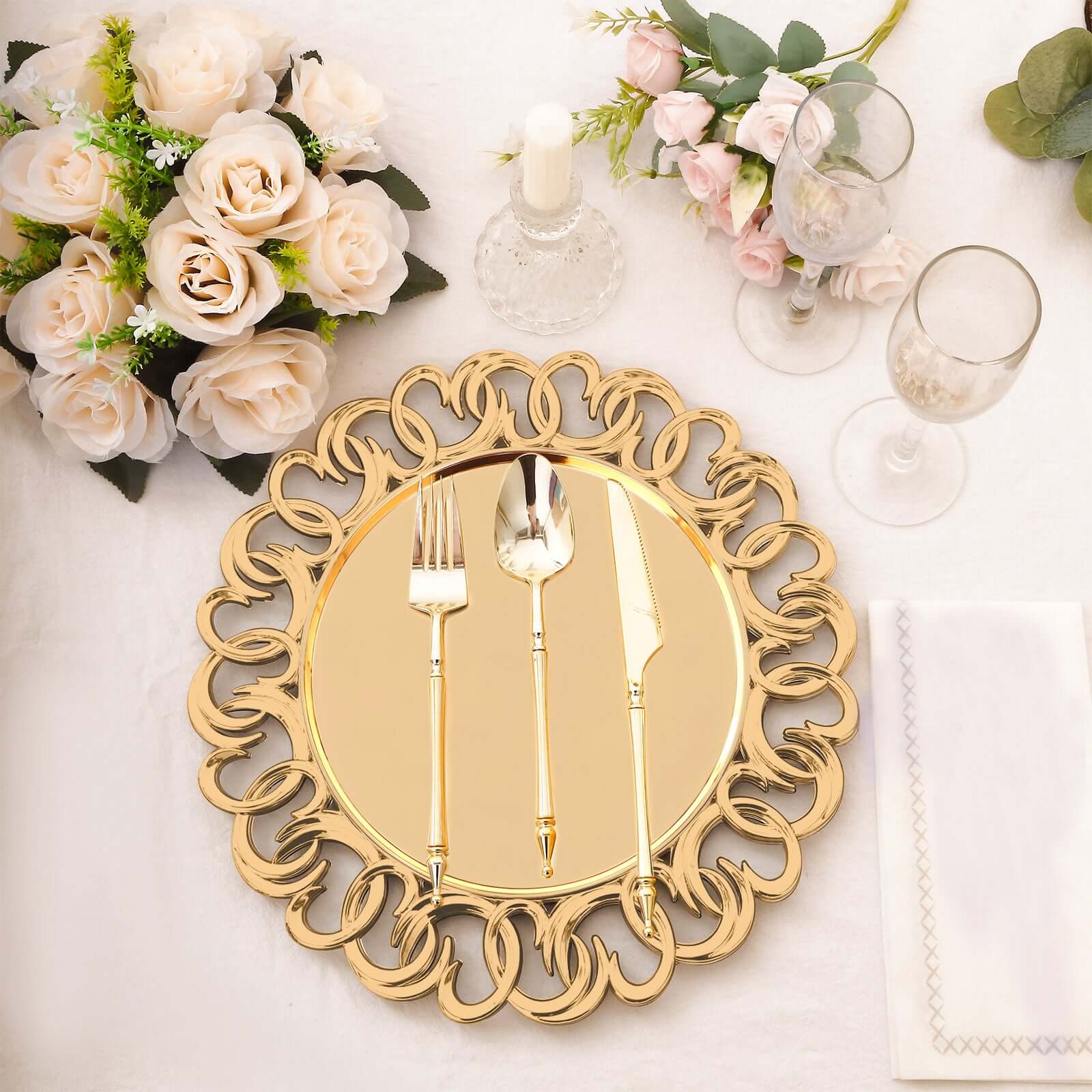 6-Pack Plastic Round Charger Plates 13" in Gold with Entwined Swirl Rim, Plastic Disposable Decorative Chargers