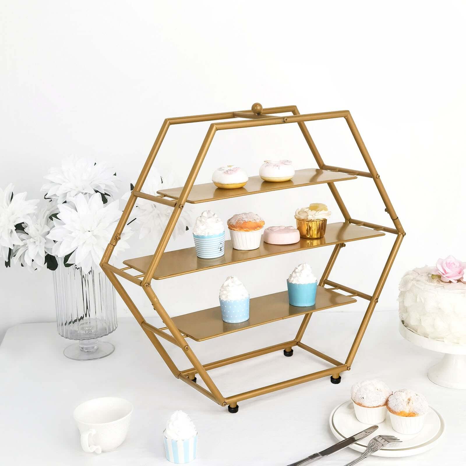 3-Tier Metal Hexagon Cupcake Stand Matte Gold - Stylish Geometric Dessert Holder Appetizer Display for Modern Weddings Dessert Buffets & Celebrations 21"