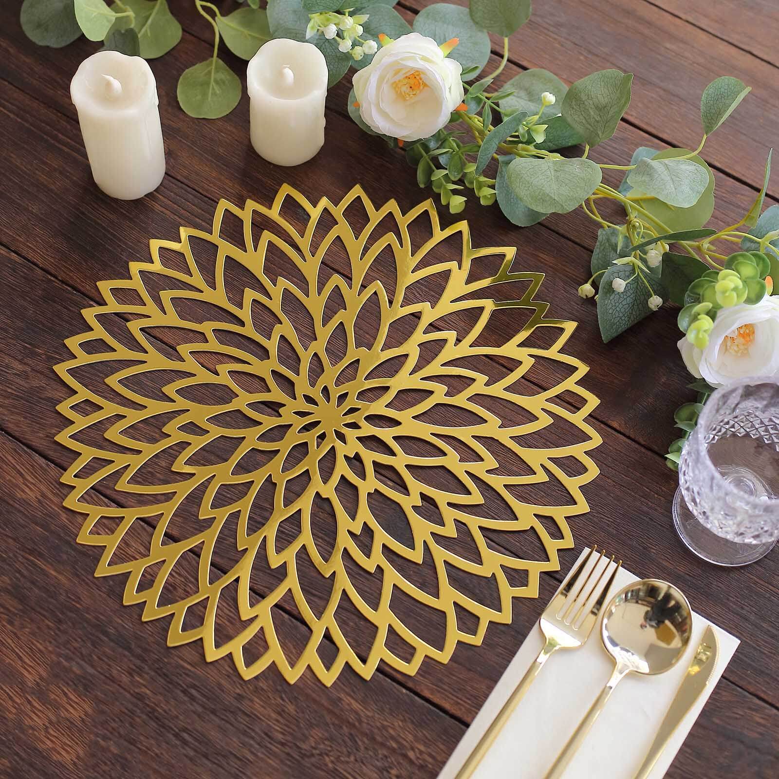 6-Pack Disposable Table Placemats in Metallic Gold with Laser Cut Hibiscus Flower Design - 400GSM Cardboard Placemats for Glamorous Table Decor 13"