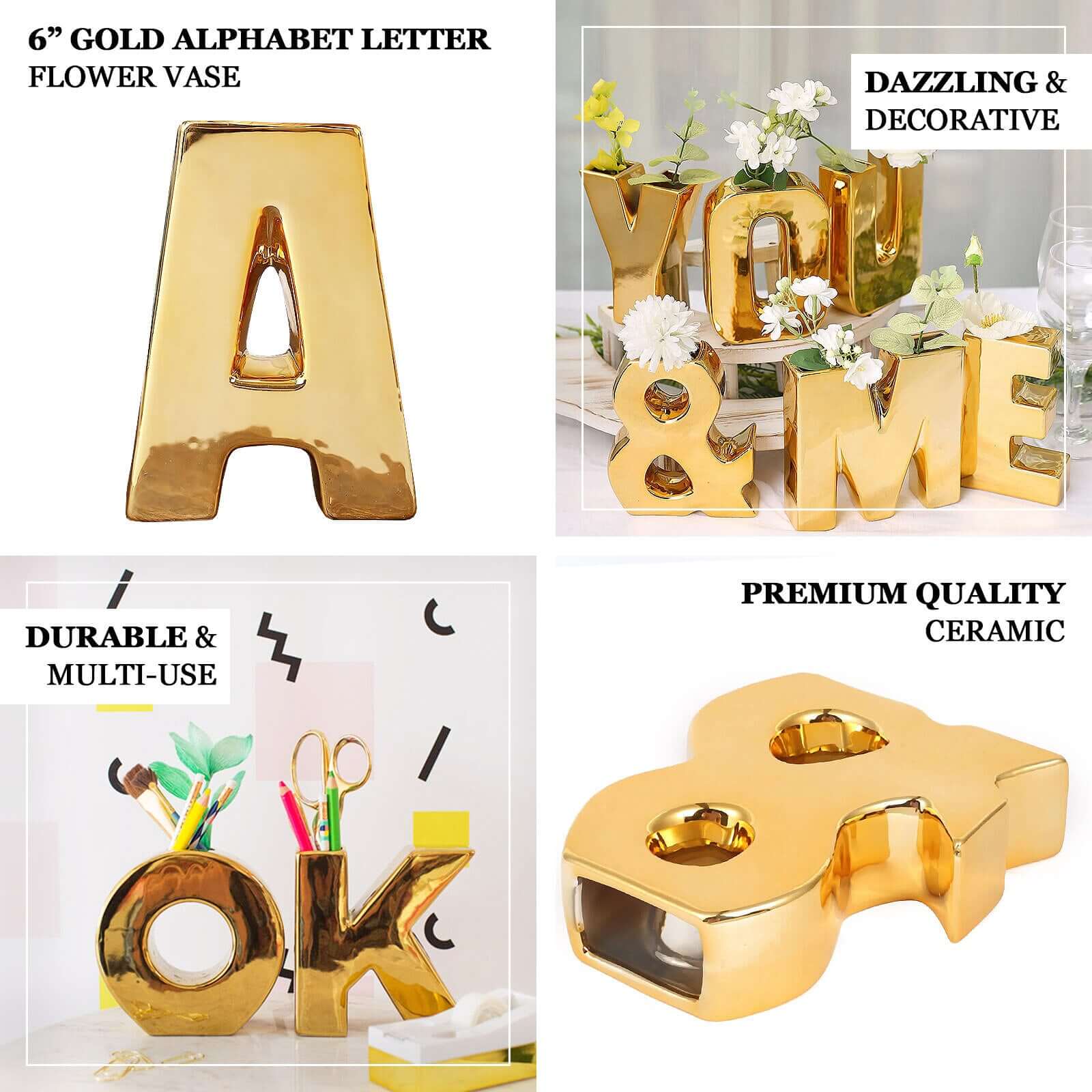 Shiny Ceramic Vase Letter "L" Gold Plated - Chic Bud Planter Pot for Events & Decor 6"