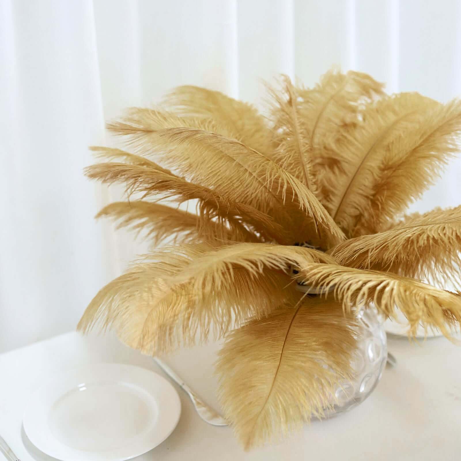 12 Pack 13"-15" Gold Natural Plume Real Ostrich Feathers, DIY Centerpiece Fillers