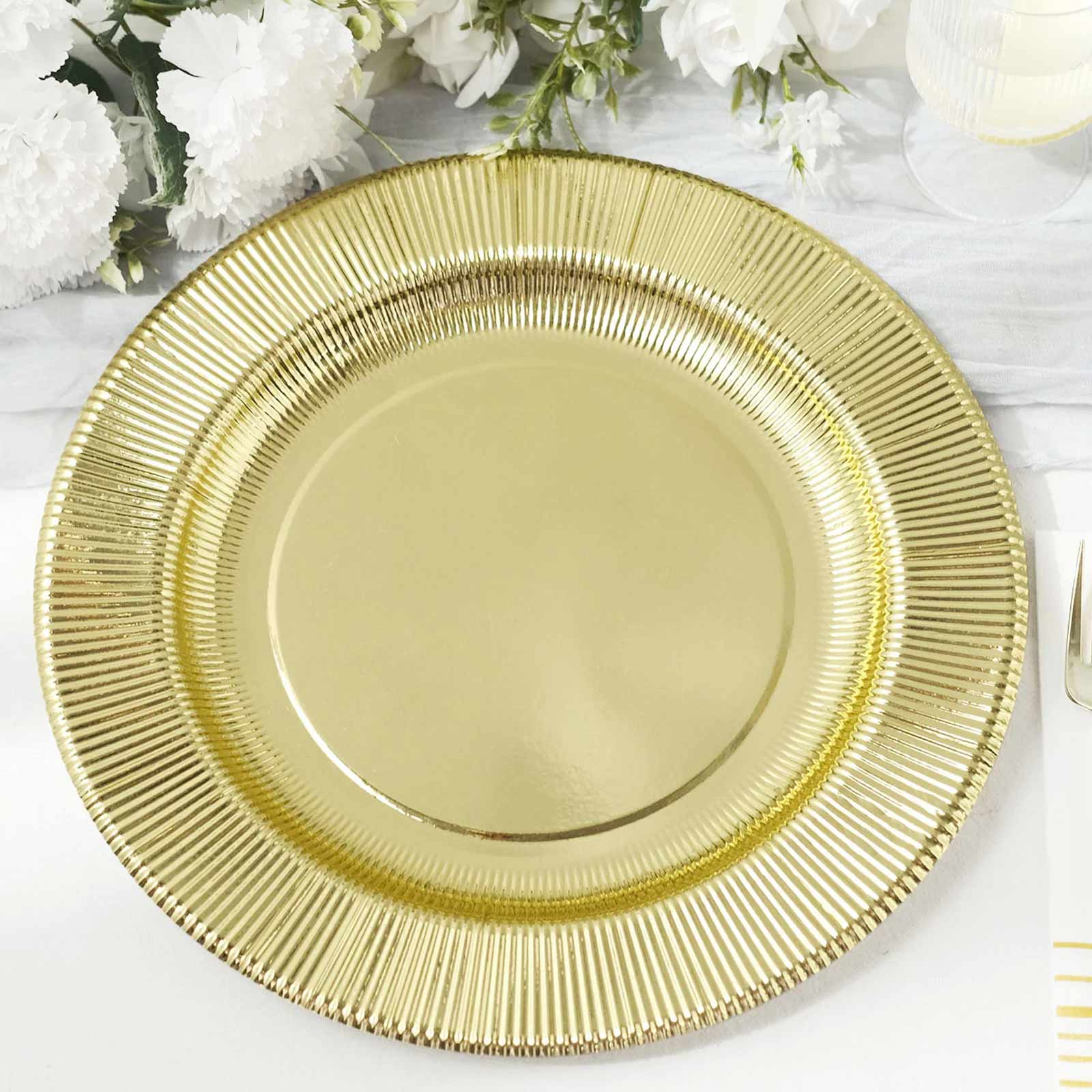 25-Pack Paper 10" Round Dinner Plates in Metallic Gold Sunray Design - Disposable Heavy Duty 350GSM Party Plates