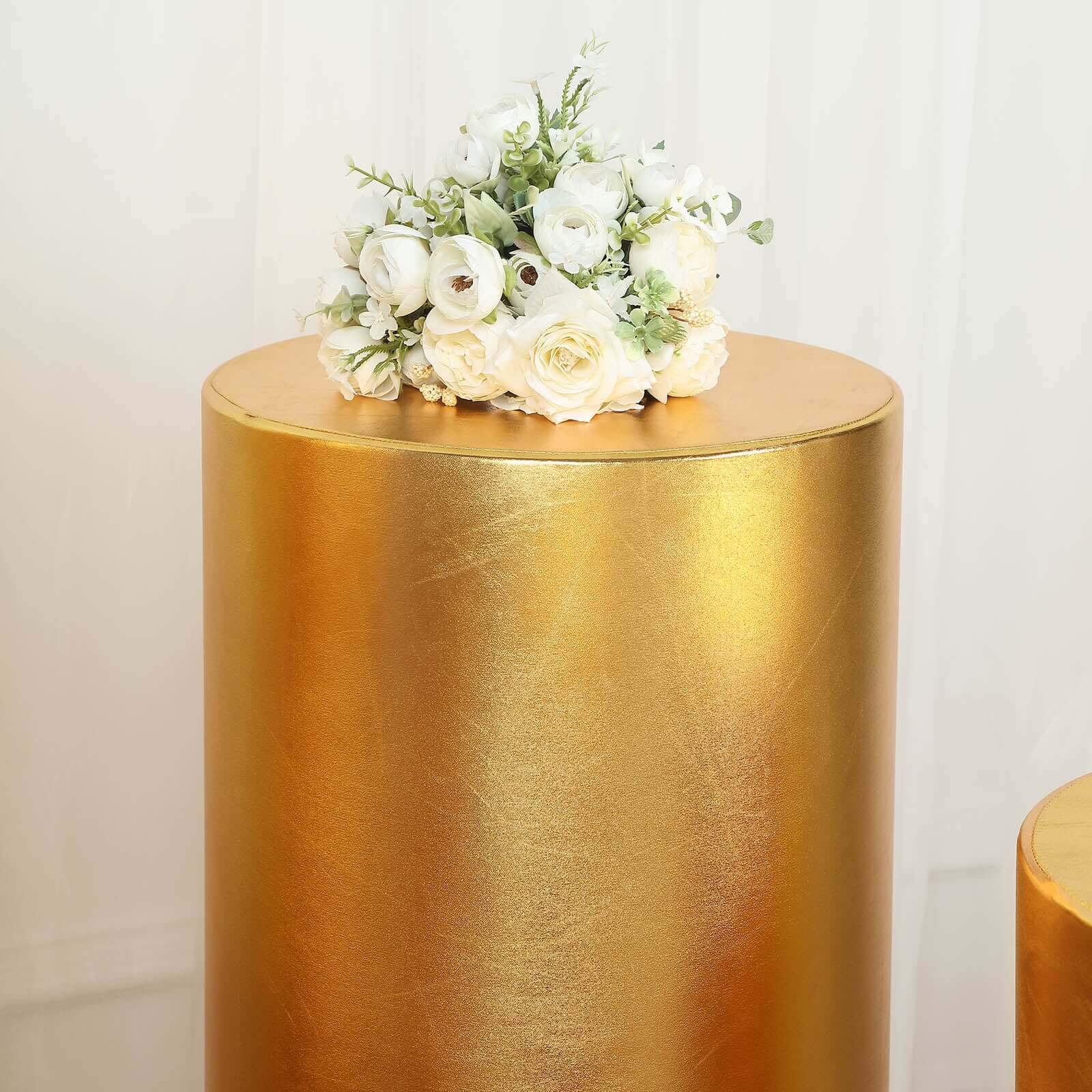 Set of 5 Metallic Gold Spandex Cylinder Pedestal Stand Covers, Shiny Stretchable Pillar Prop Covers - 130 GSM