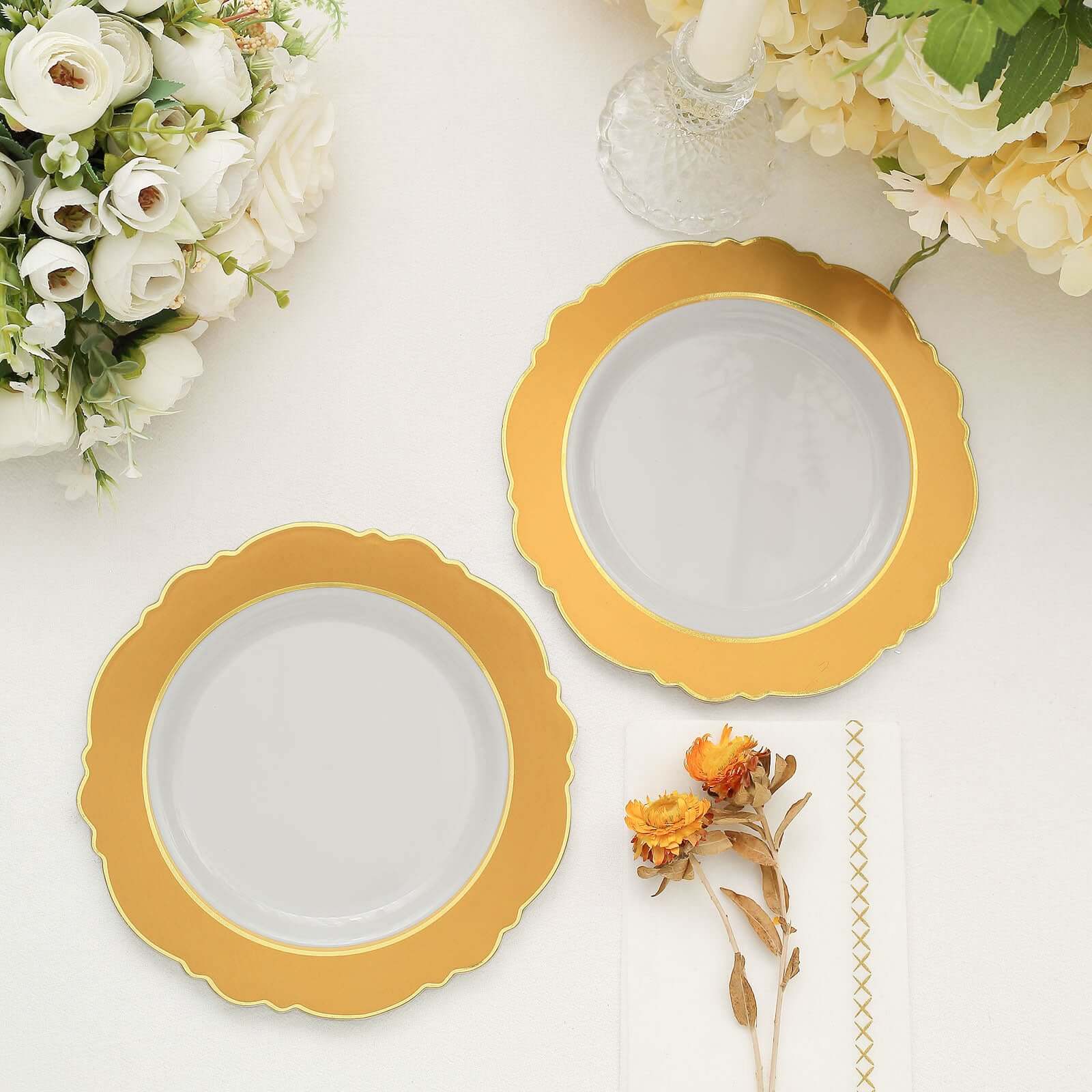 10-Pack Plastic 8" Round Dessert Plates in White with Gold Blossom Design & Gold Edging - Disposable Salad Appetizer Plates for Modern & Classy Table Decor