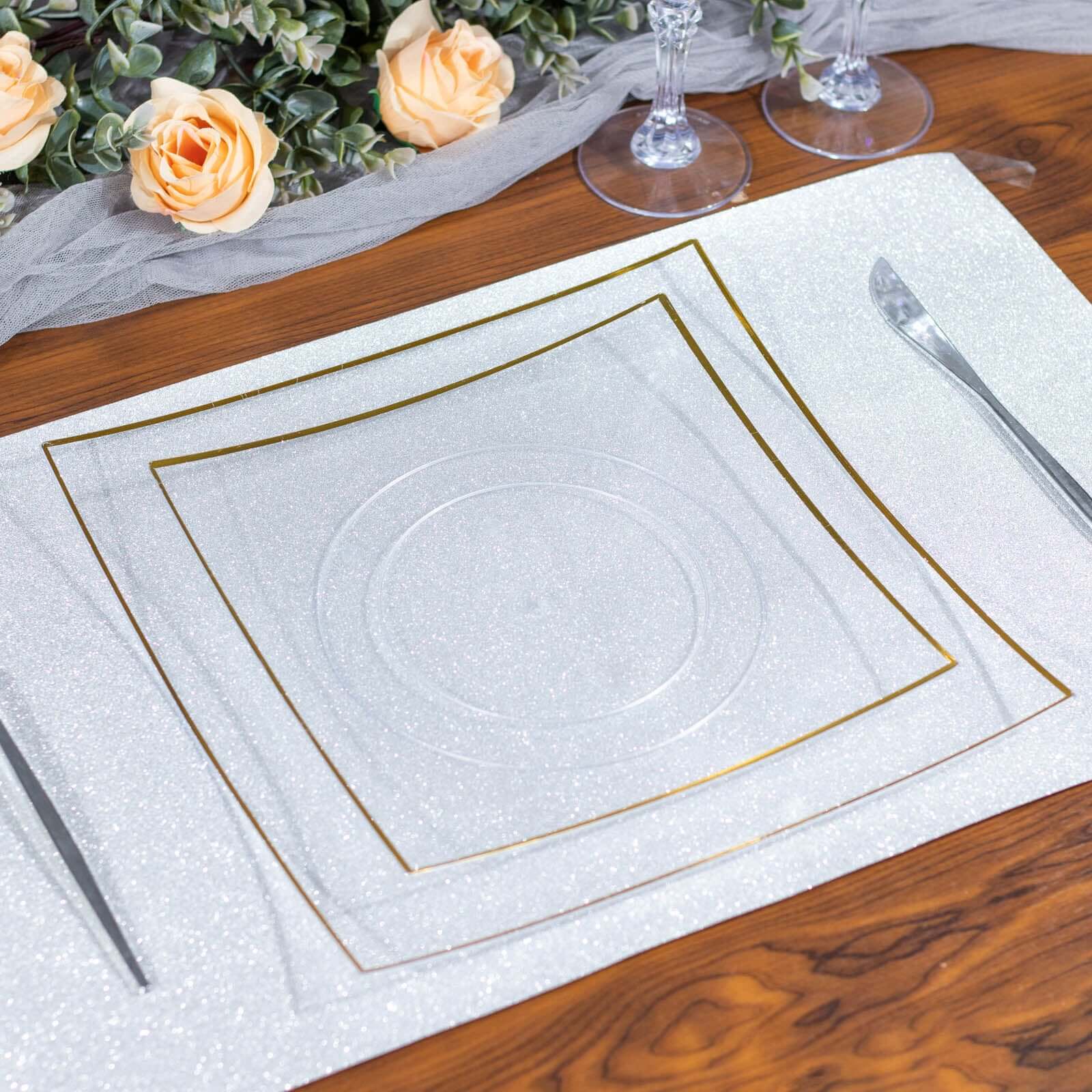 10-Pack Plastic 8" Square Dessert Plates in Clear Concave Style with Gold Rim - Modern Disposable Salad Appetizer Party Plates