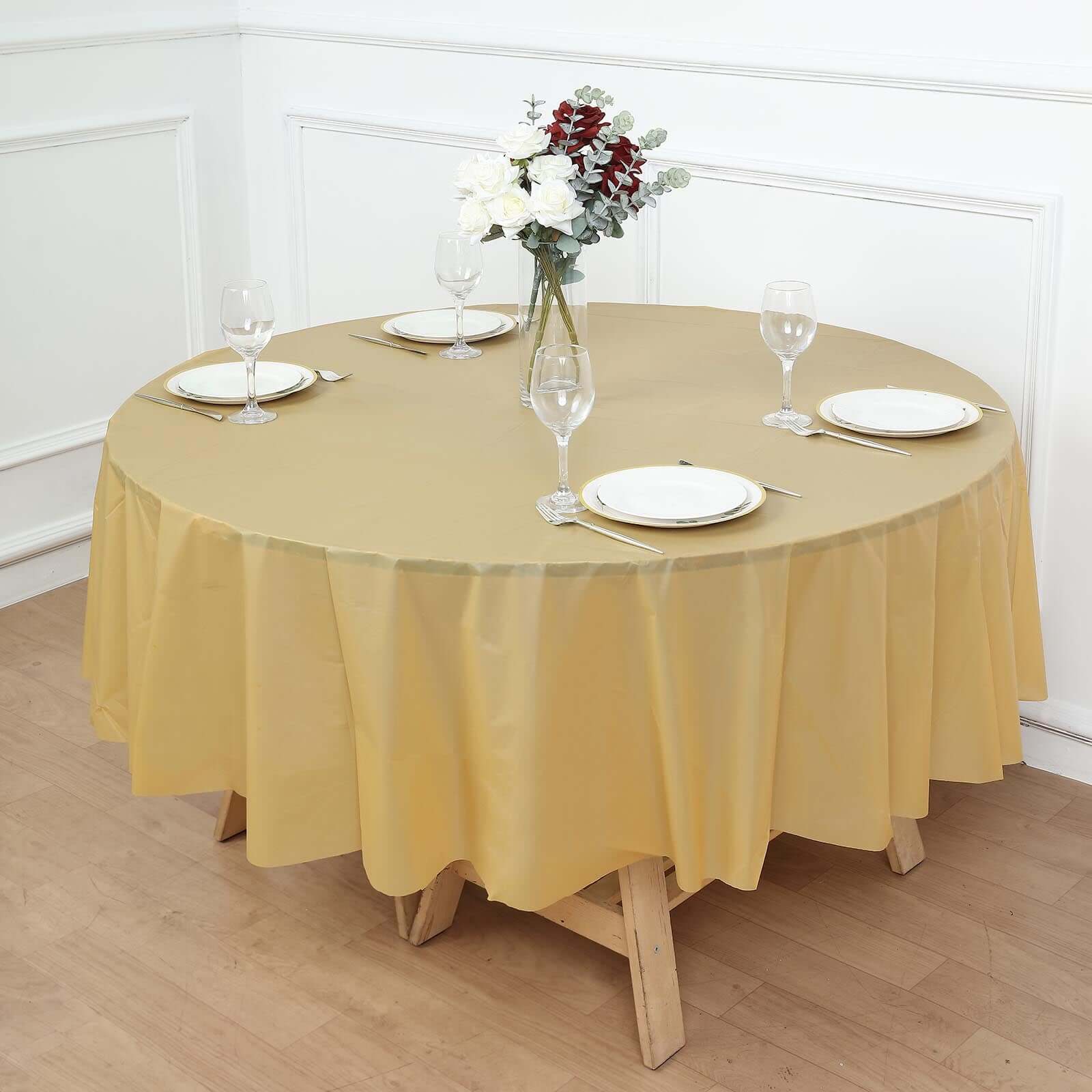 5-Pack Plastic Table Covers Gold Round - Durable PVC Disposable Tablecloths for Events 84"