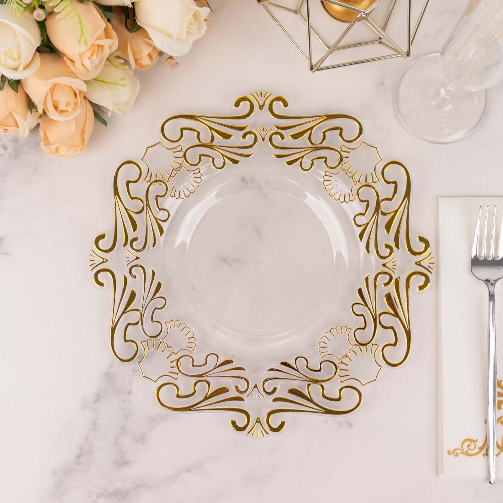 10-Pack Plastic 8" Round Dessert Plates in Clear with Gold Vintage Baroque Scalloped Rim - European Style Disposable Salad Appetizer Plates