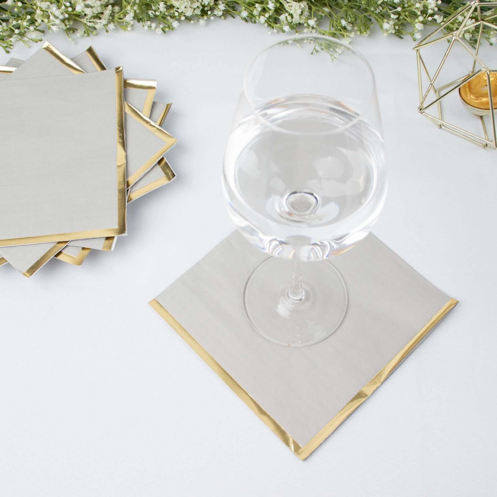 50-Pack Paper Beverage Napkins with Gold Foil Edge Gray - Disposable 2 Ply Cocktail Napkins for Events 6.5"x6.5"