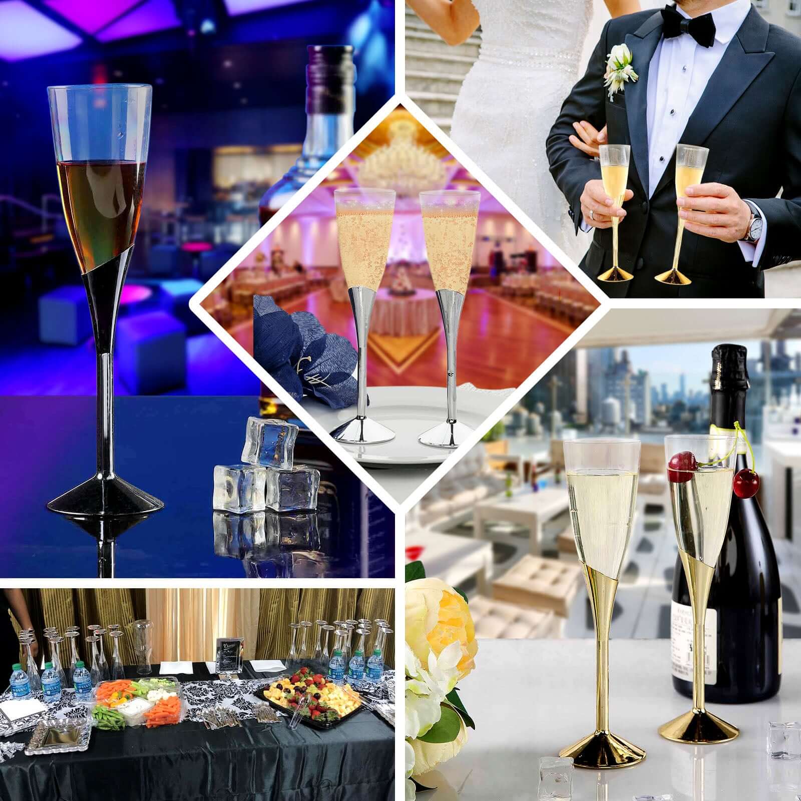 6-Pack Plastic Champagne Flutes Clear/Silver - Stylish Disposable Glasses for Toasts 5oz