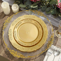10-Pack Plastic 7.5" Round Appetizer Plates Gold Embossed Scalloped Edge - Chic Disposable Salad Plates for Special Occasions & Banquets