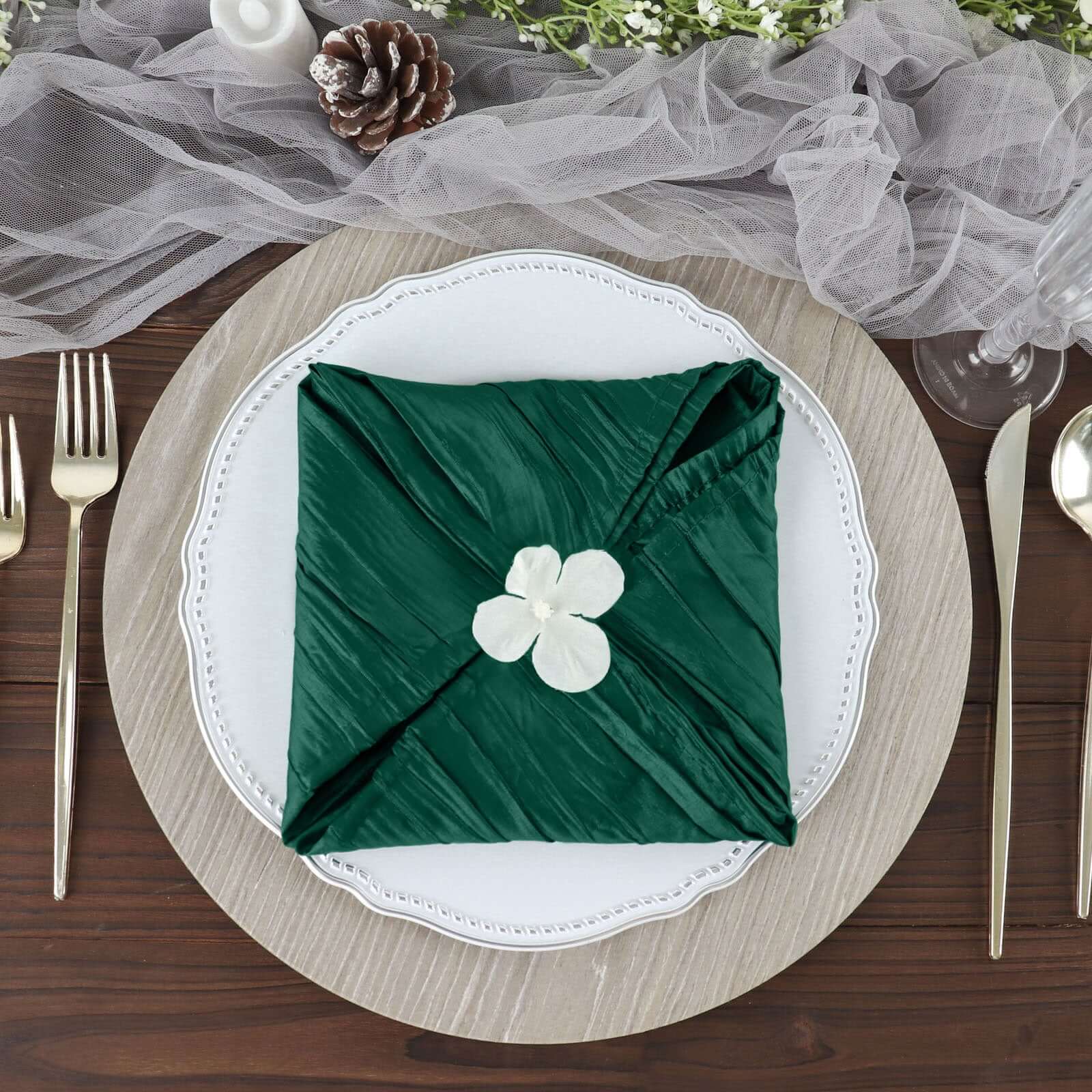 5 Pack Taffeta 20"x20" Napkins Hunter Emerald Green - Accordion Crinkle Dinner Napkins