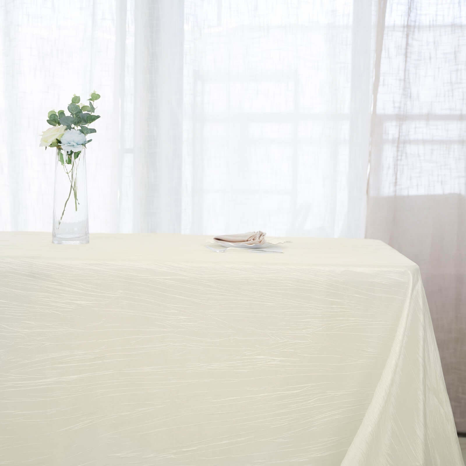 Taffeta 90"x156" Rectangle Tablecloth Ivory - Accordion Crinkle Seamless Table Cover
