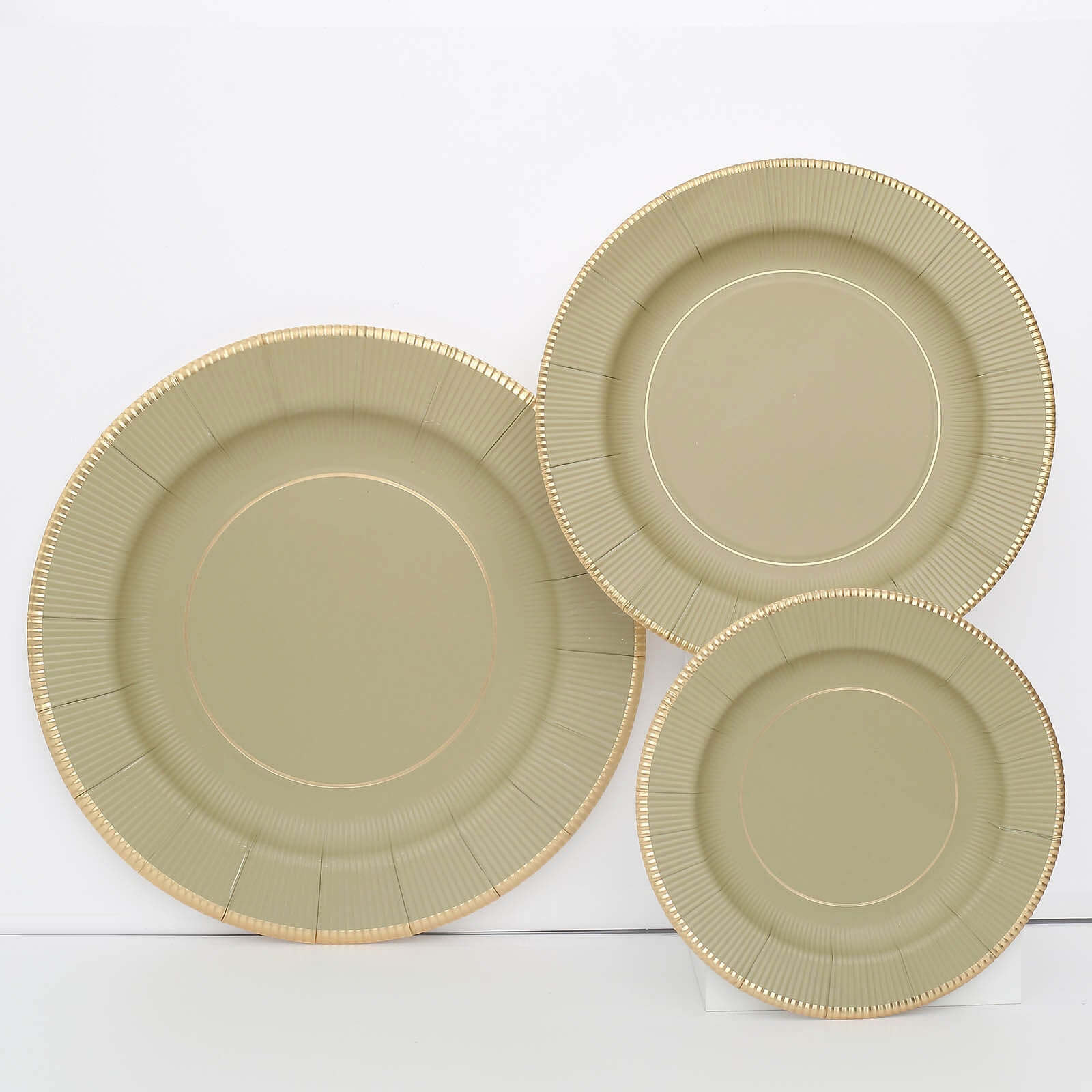 25-Pack Paper 8" Round Dessert Plates in Khaki Sunray Design with Gold Rim - Disposable Heavy Duty 350GSM Appetizer Salad Plates