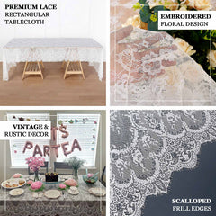 Lace 60"x120" Rectangle Tablecloth White - Vintage Lace Design with Scalloped Frill Edges for Refined Occasions