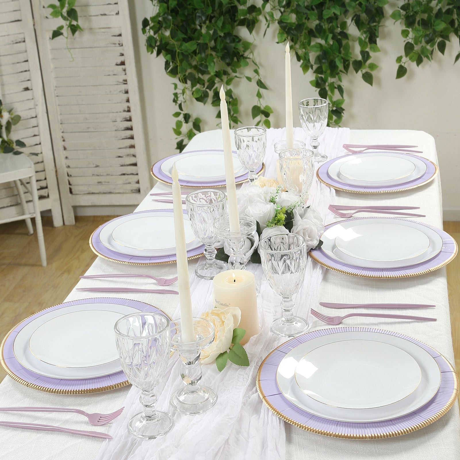 25-Pack Disposable Round Charger Plates in Lavender Lilac Sunray Design with Gold Rim - 350GSM Heavy Duty Paper Chargers 13"