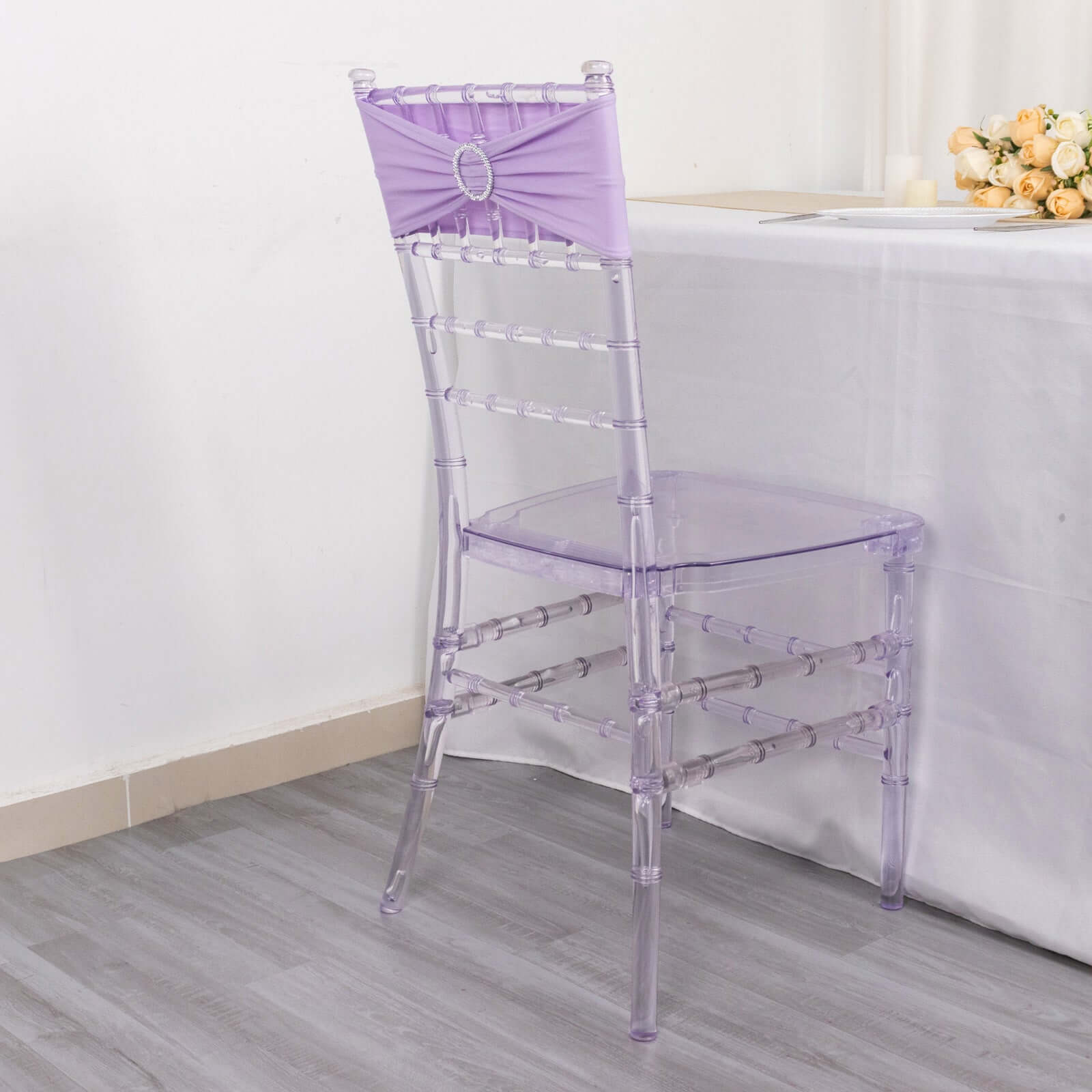 5 Pack Stretch Spandex Chair Sashes Lavender Lilac - Reusable Chair Bands with Silver Diamond Ring Slide Buckle 5"x14"