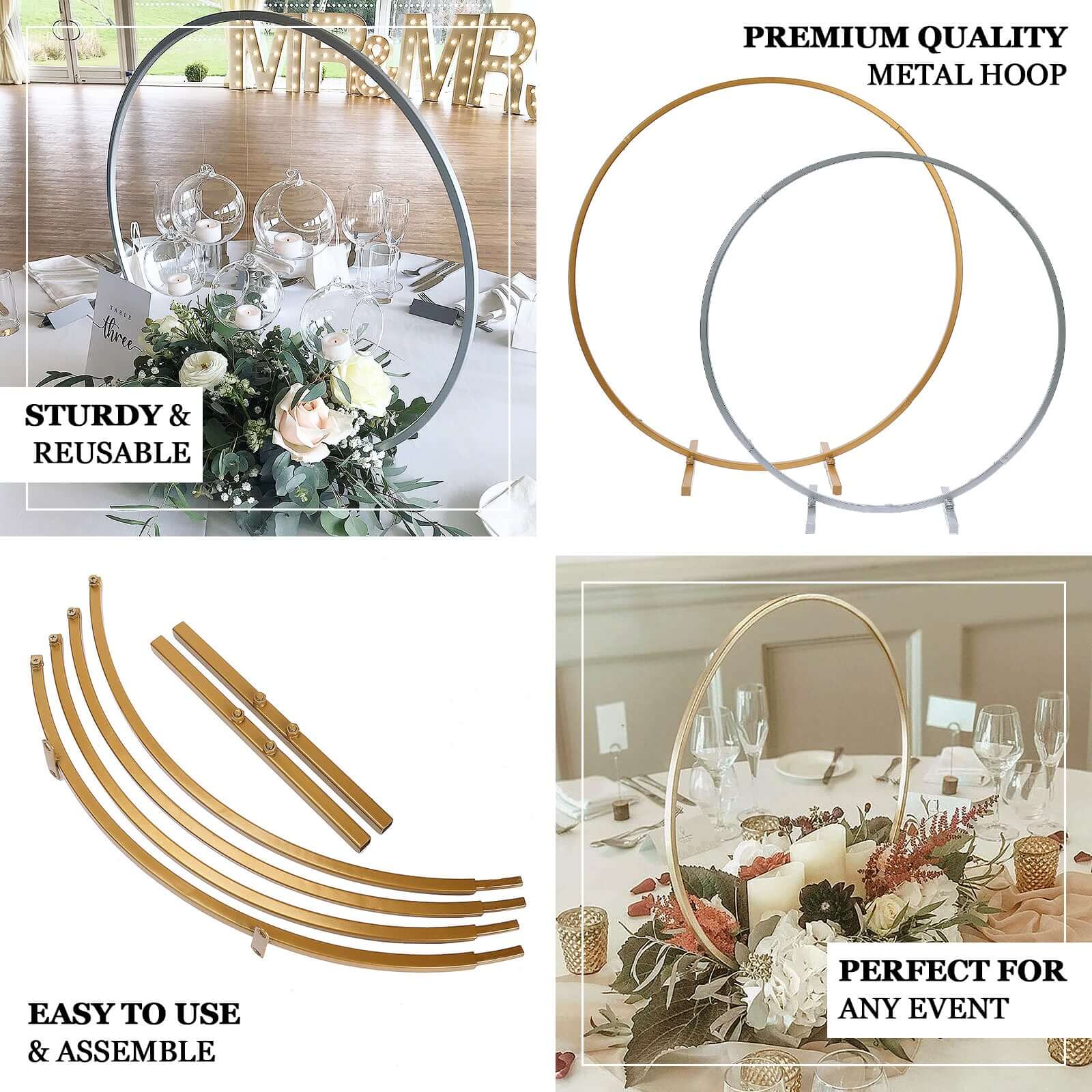 28" Gold Metal Round Hoop Wedding Centerpiece, Self Standing Table Floral Wreath Frame