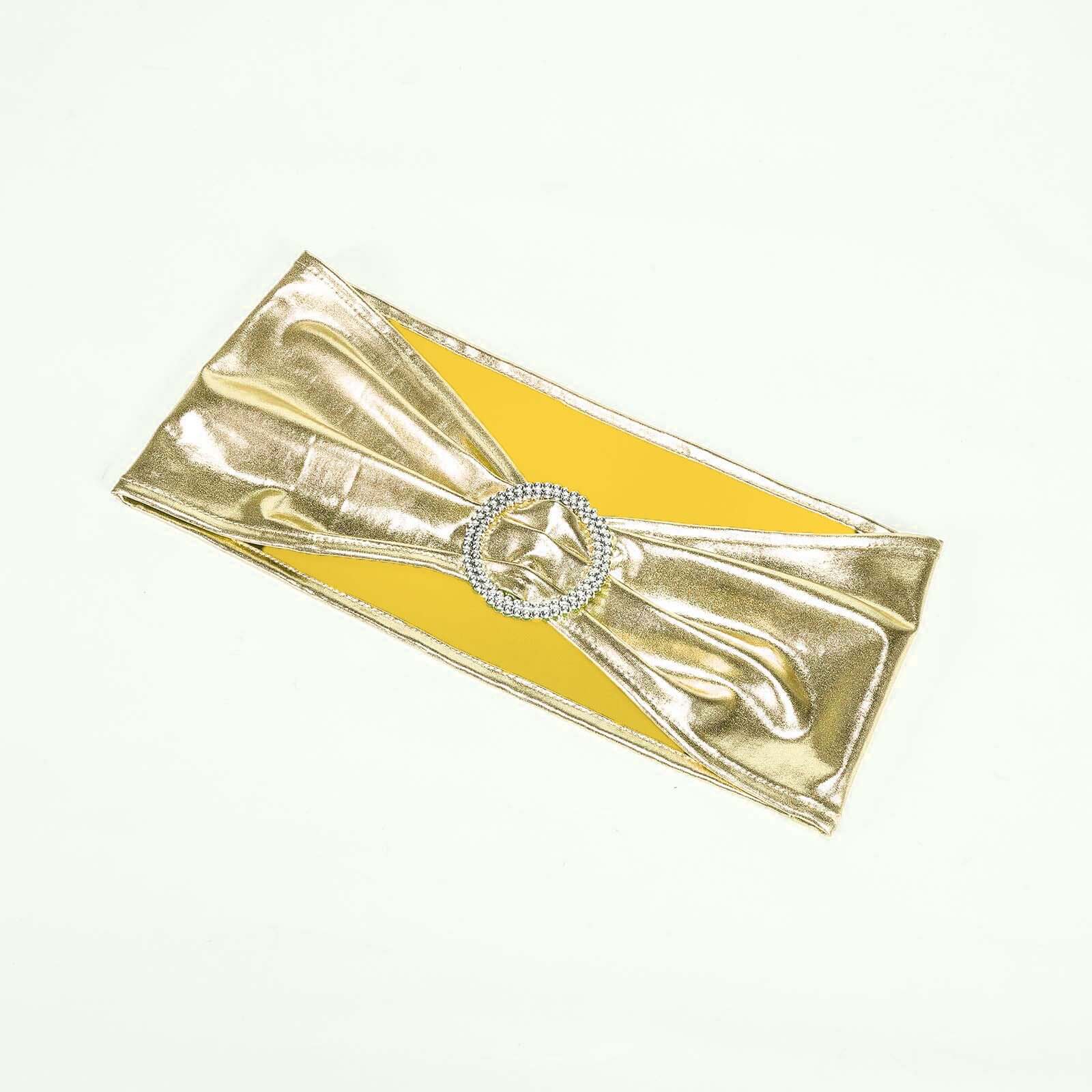 5 Pack Metallic Spandex Chair Sashes Champagne - Stretch Fit Chair Bands With Round Diamond Buckles