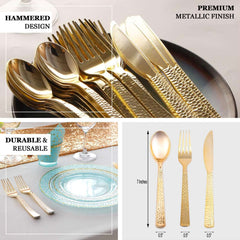 24-Pack Plastic Silverware Set with Hammered Design Gold - Heavy Duty Disposable Utensils 7"
