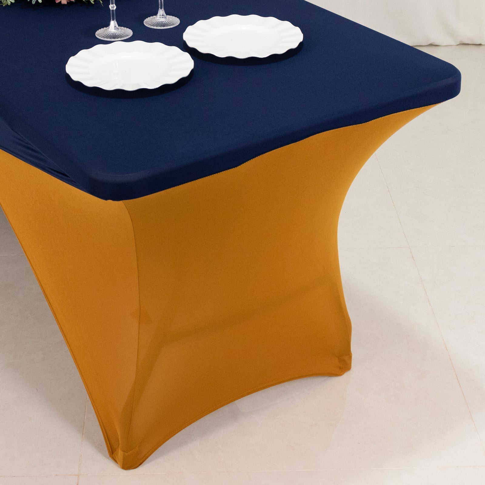 Stretch Spandex 72"x30" Rectangle Table Cover Navy Blue/Gold Cross Over Design - Two-Piece Fitted Tablecloth with Elastic Foot Pockets