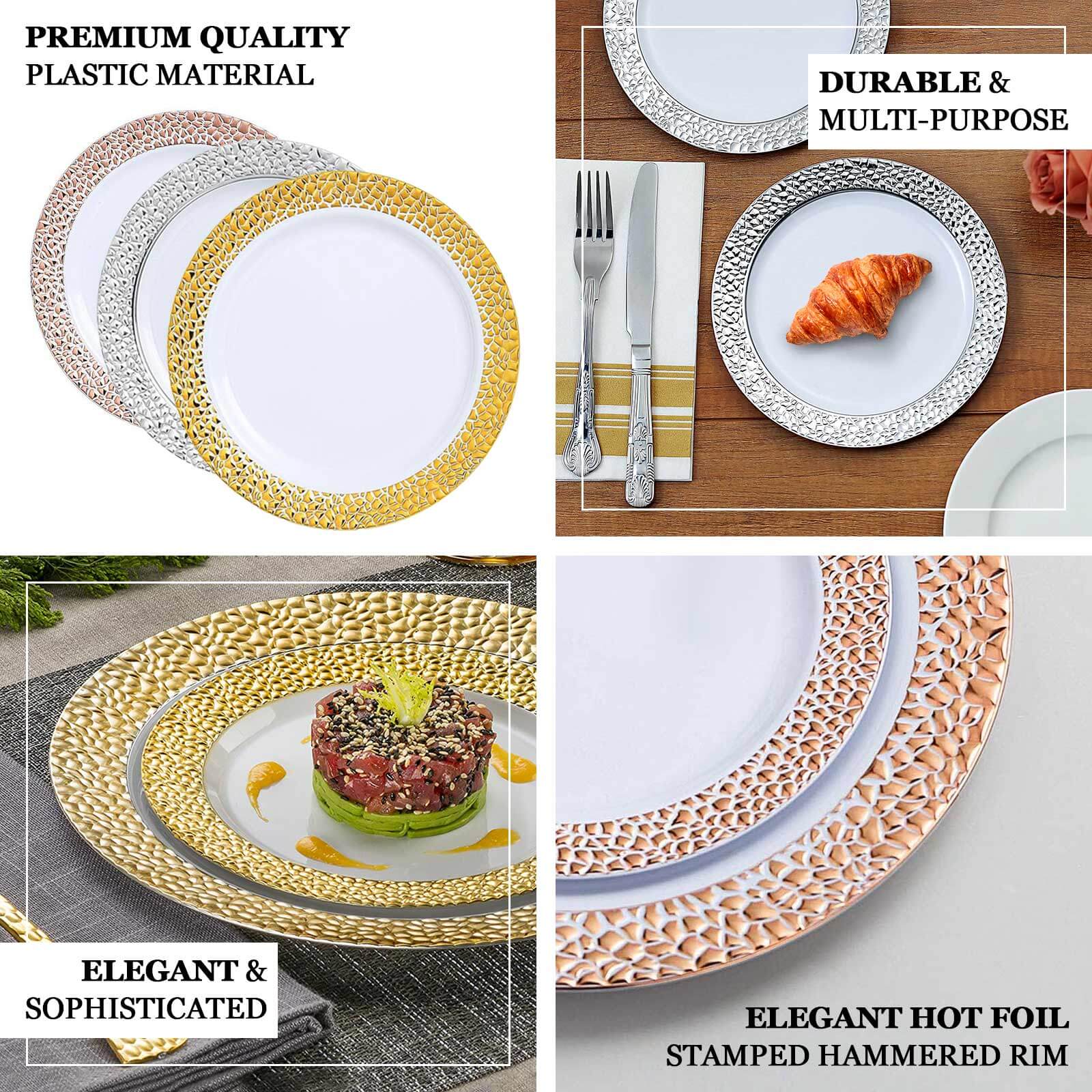 10-Pack Plastic 10" Round Dinner Plates in Blush Hammered Design with Gold Rim - Disposable Party Plates for Chic Banquets & Special Occasions