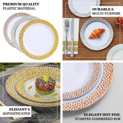 10-Pack Plastic 10" Round Dinner Plates in Blush Hammered Design with Gold Rim - Disposable Party Plates for Chic Banquets & Special Occasions