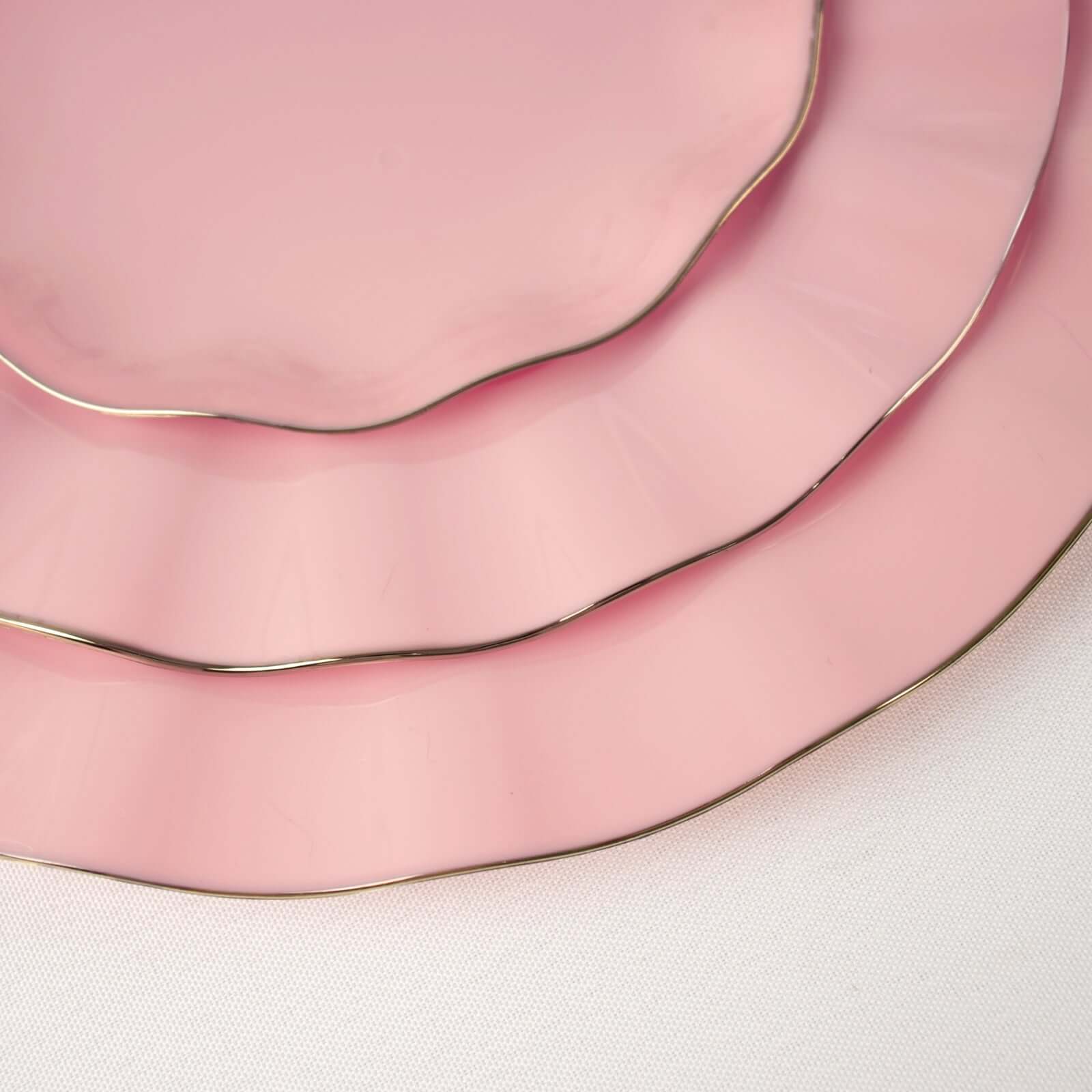 10-Pack Plastic 9" Round Dinner Plates in Dusty Rose Ruffled Rim with Gold Edging - Sturdy Disposable Dinnerware