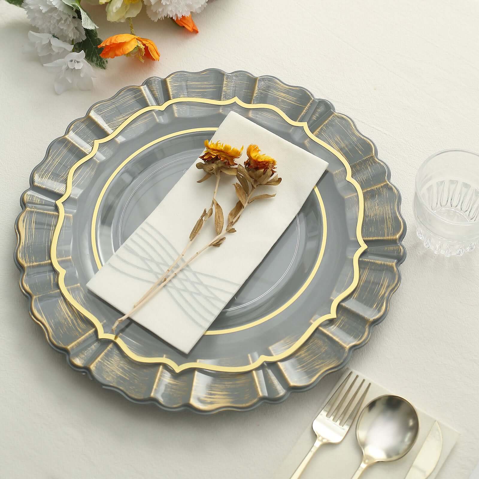 6-Pack Acrylic Plastic Round Charger Plates 13" in Charcoal Gray with Gold Brushed Wavy Scalloped Rim, Decorative Dinner Party Charger Tableware