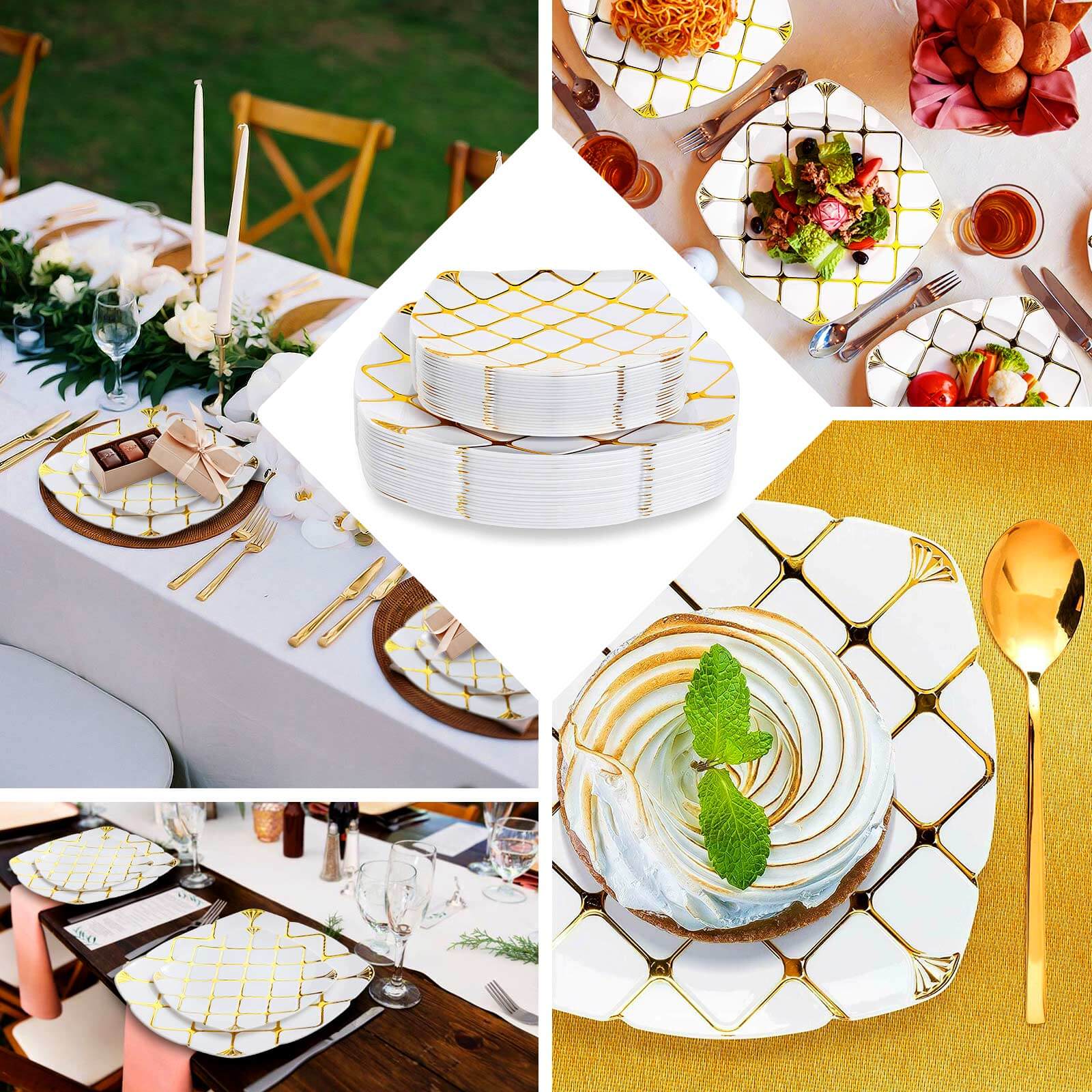 10-Pack Plastic 10" Square Dinner Plates in White with Gold Diamond Lattice Pattern - Disposable Party Plates for Weddings, Banquets & Special Events