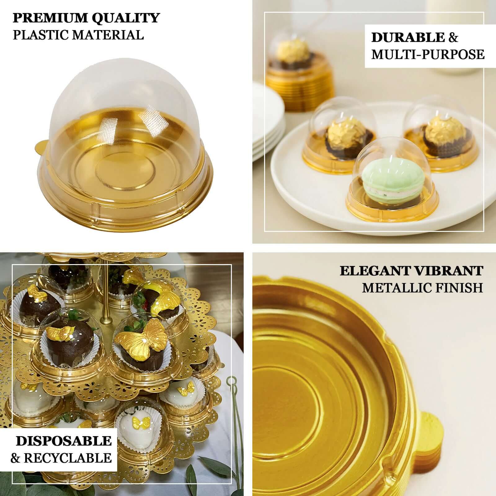 50-Pack Favor Containers Round Dome Design Gold and Clear - Plastic Party Boxes for Cupcakes and Sweets 3"