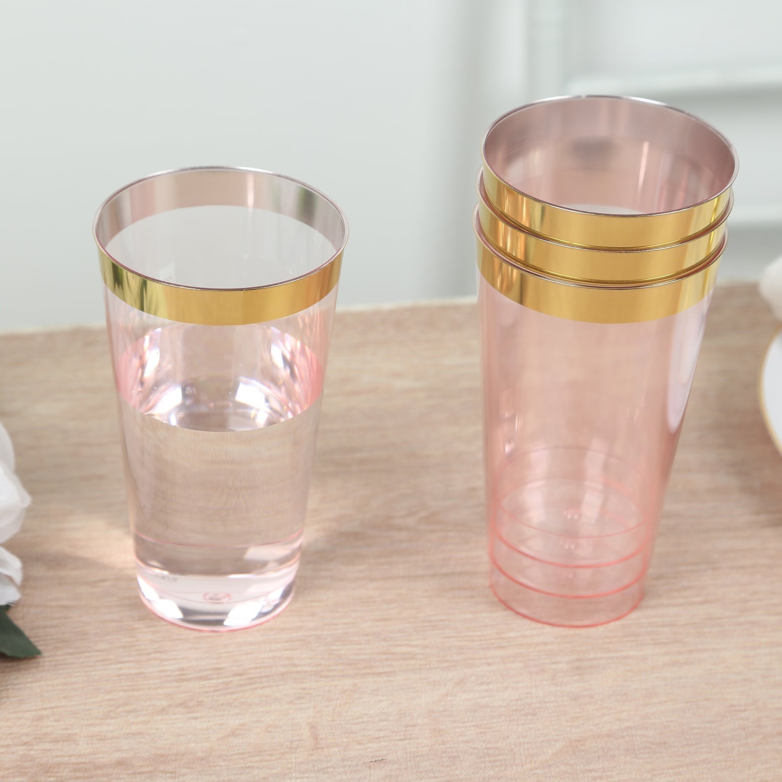 12-Pack Plastic Party Cups Transparent Blush with Gold Rim - Durable Disposable Tumblers for Drinks 17oz 5.5"