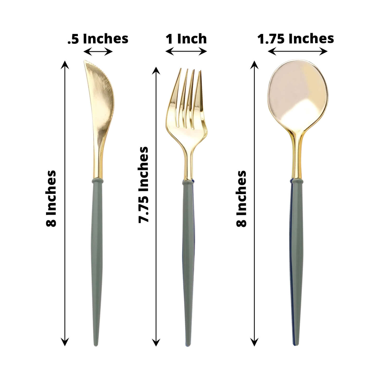 24-Pack Plastic Flatware Set in Metallic Gold with Dusty Sage Green Handle - Heavy Duty Disposable Modern Silverware 8"