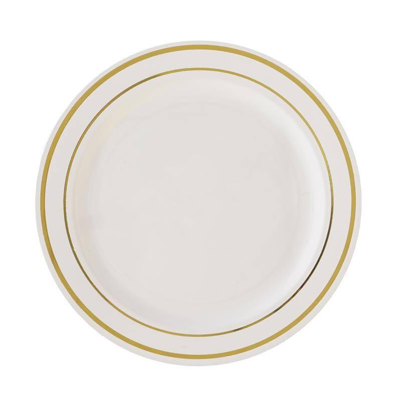 10-Pack Plastic Dessert Plates Ivory with Très Chic Gold Rim - Disposable Plates for Parties 8"