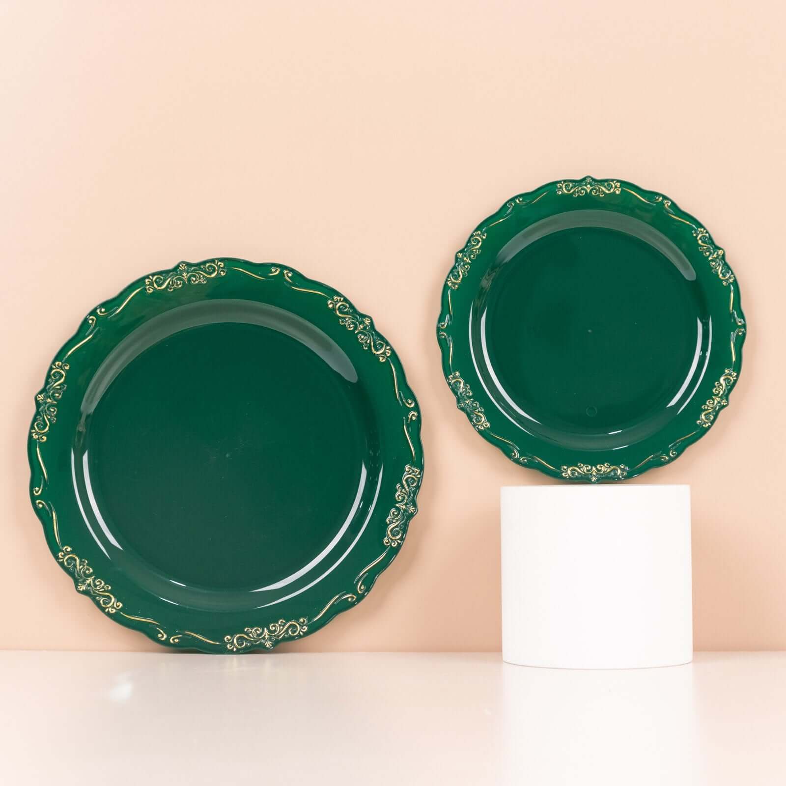 10-Pack Plastic 10" Round Dinner Plates in Hunter Emerald Green with Gold Vintage Embossed Rim - Sturdy Disposable Scalloped Edge Party Plates