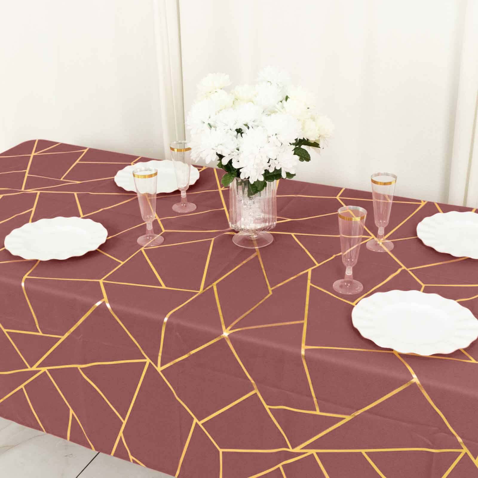 Polyester 60"x102" Rectangle Tablecloth Cinnamon Rose with Gold Foil Geometric Pattern - Wrinkle-Resistant & Durable Table Cover
