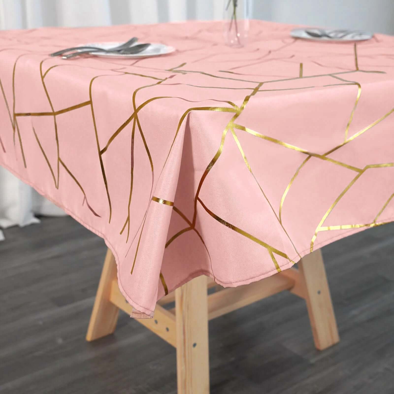 Polyester 54"x54" Square Tablecloth Dusty Rose with Gold Foil Geometric Pattern - Wrinkle-Resistant & Durable Table Cover
